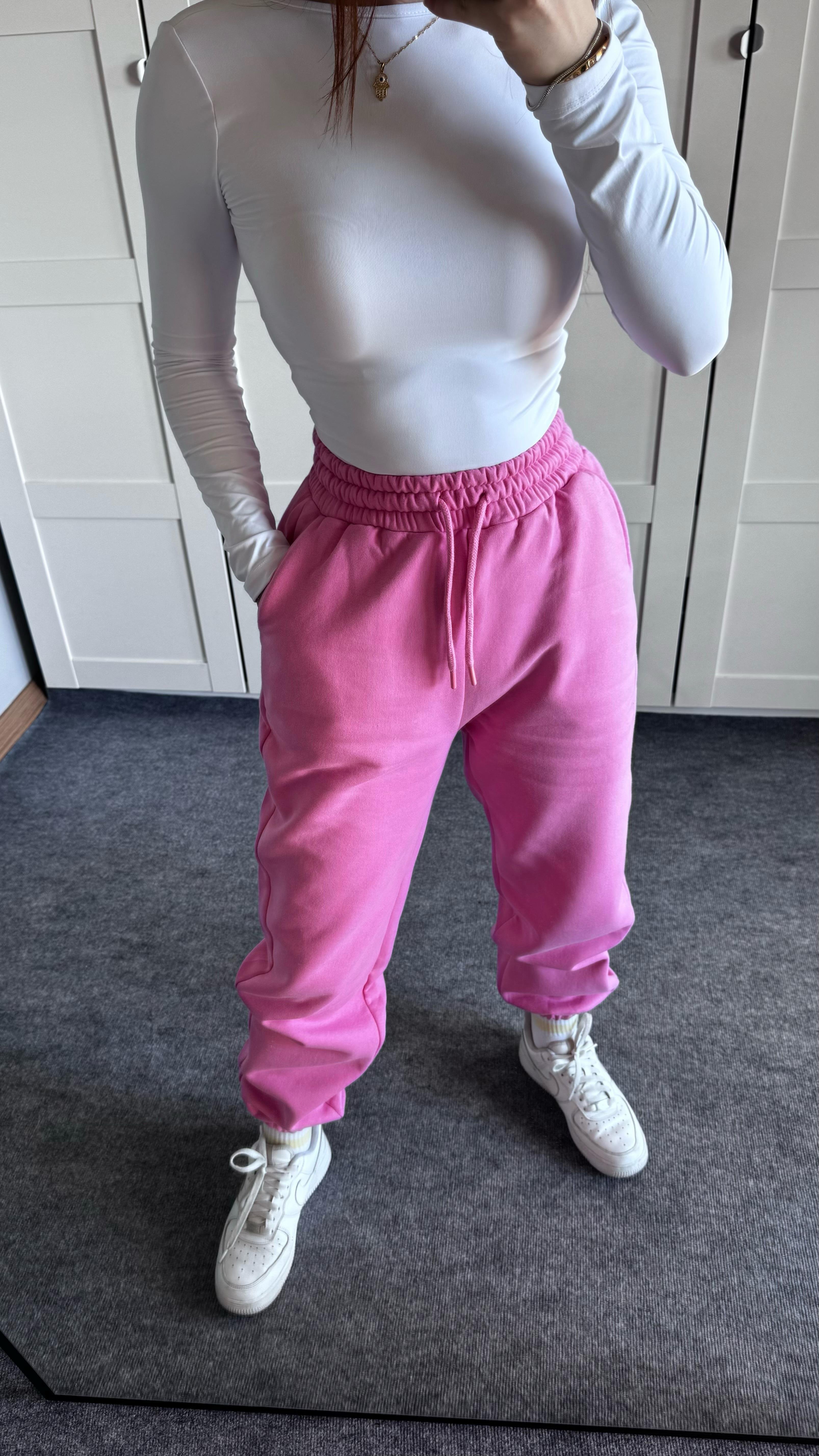 Oversize Yüksek Bel Şardonlu Eşofman Pembe