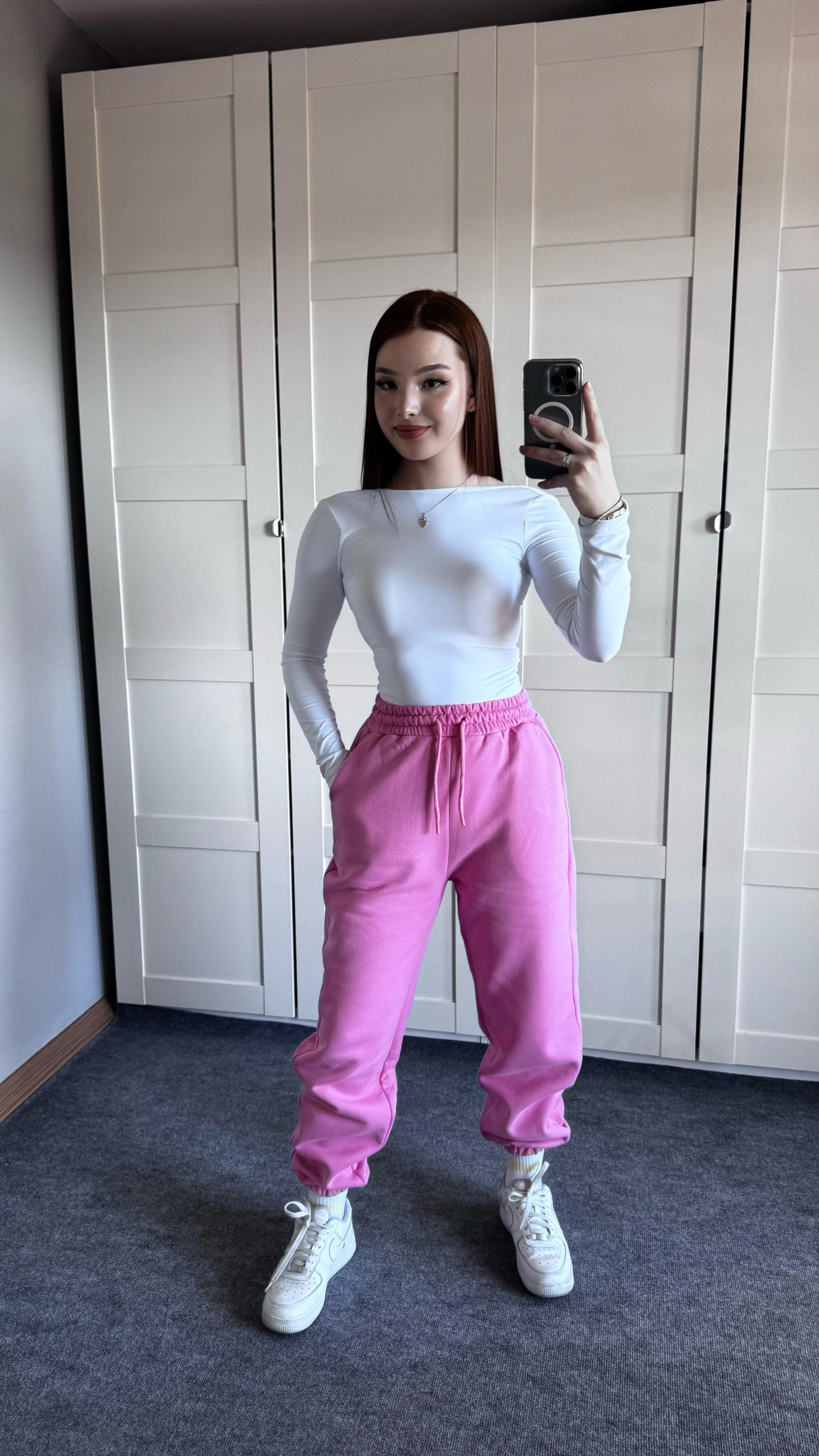 Oversize Yüksek Bel Şardonlu Eşofman Pembe