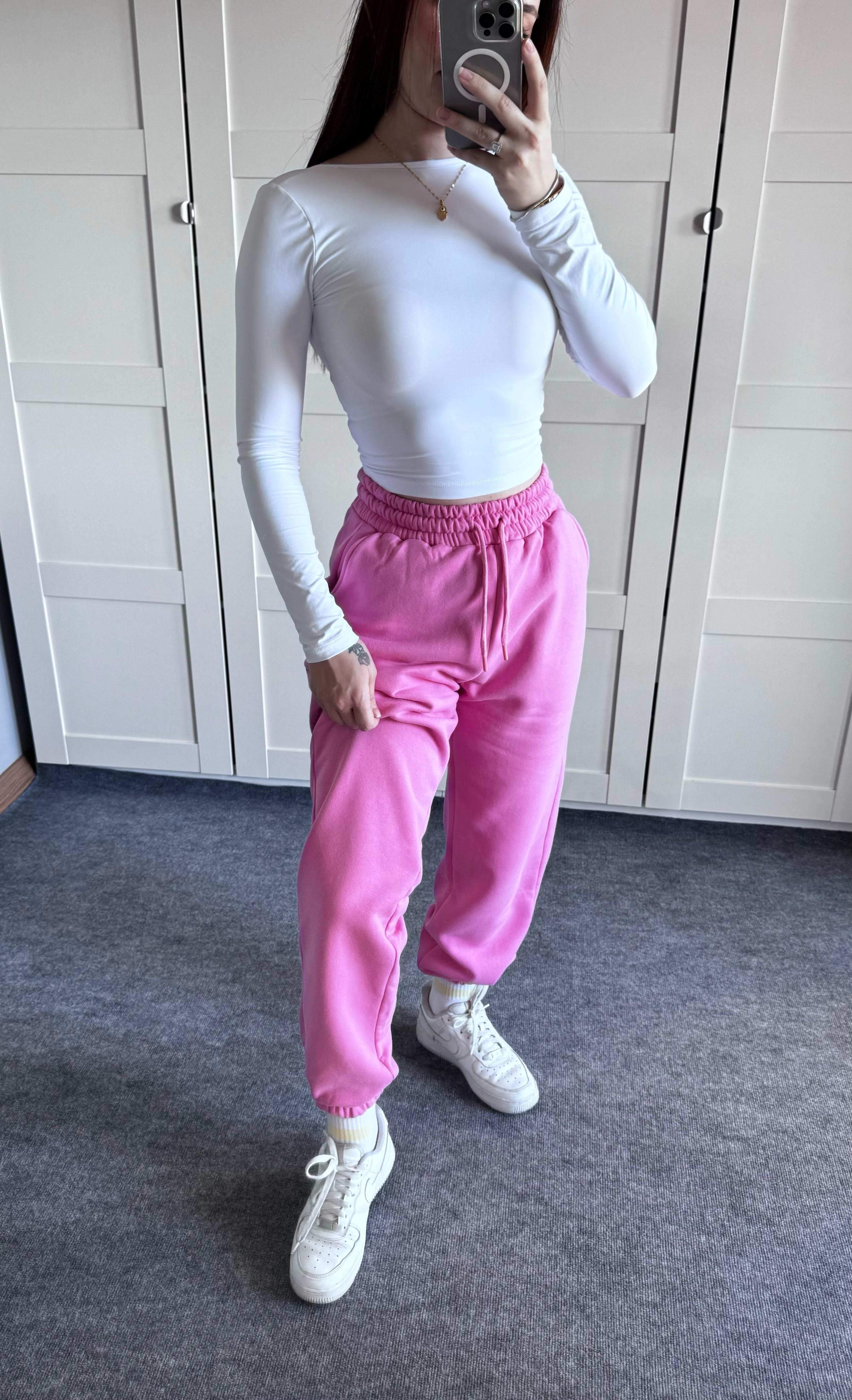 Oversize Yüksek Bel Şardonlu Eşofman Pembe