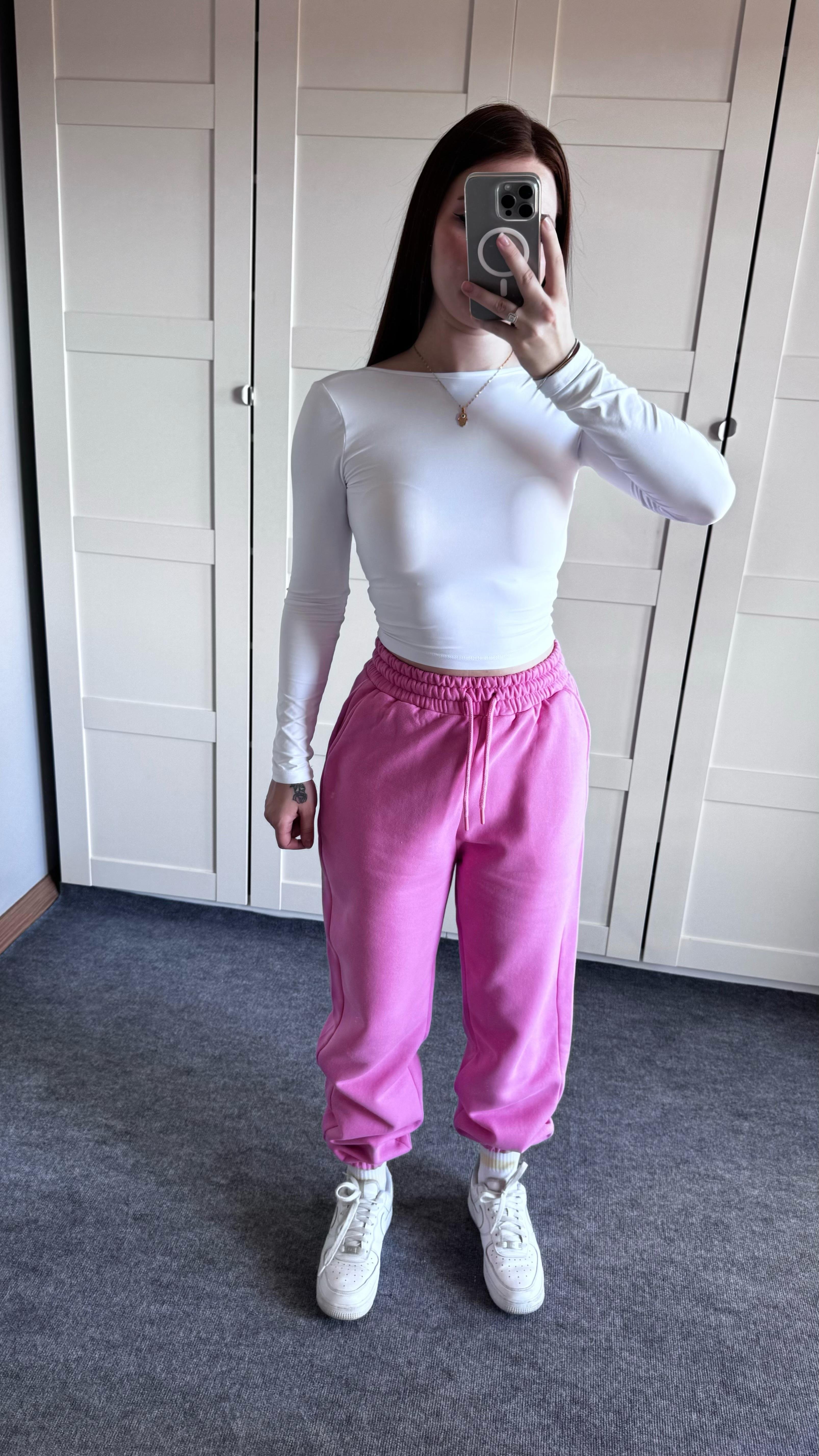 Oversize Yüksek Bel Şardonlu Eşofman Pembe