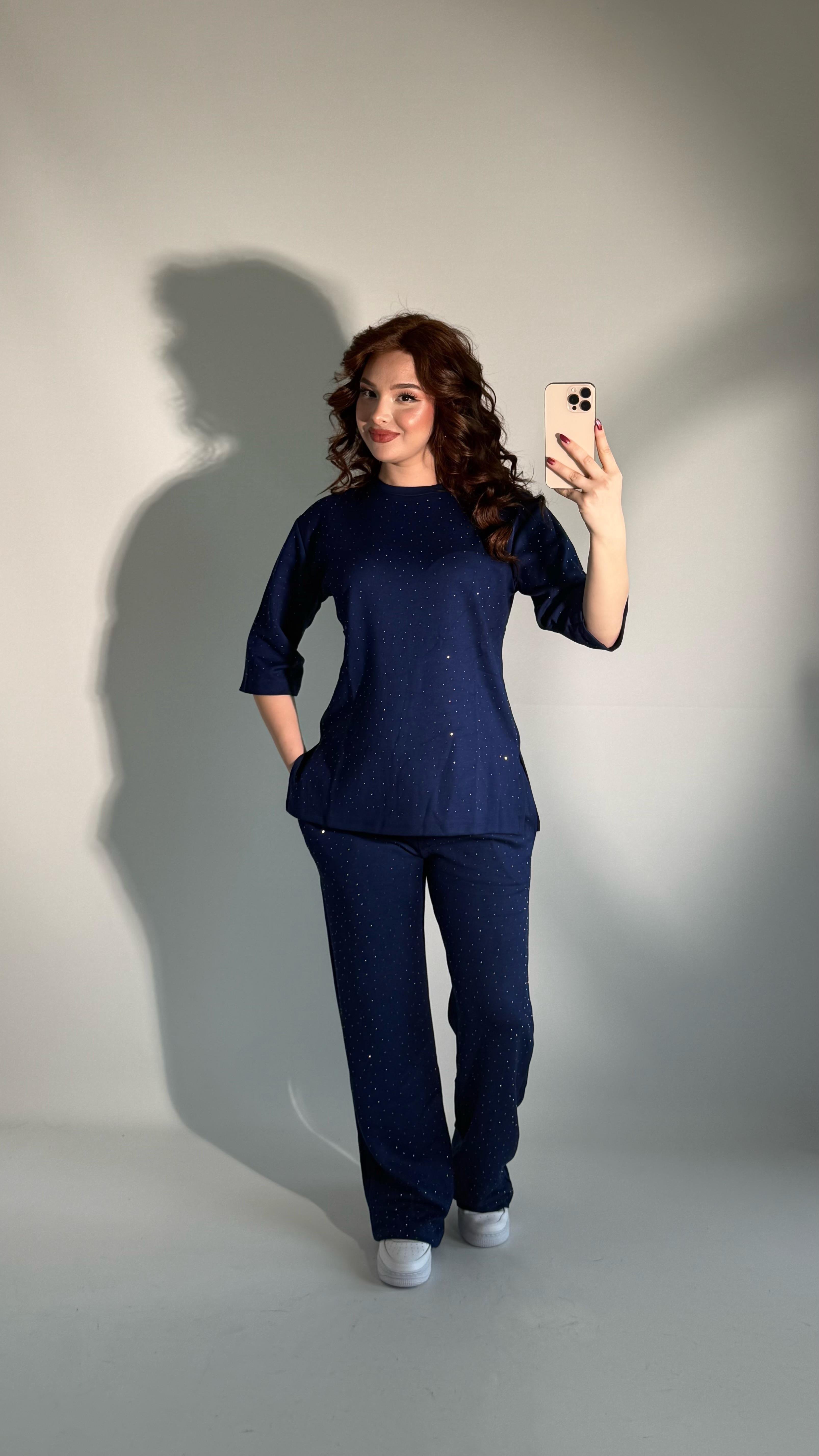 Oys. Taşlı Yarım Kol Takım Lacivert