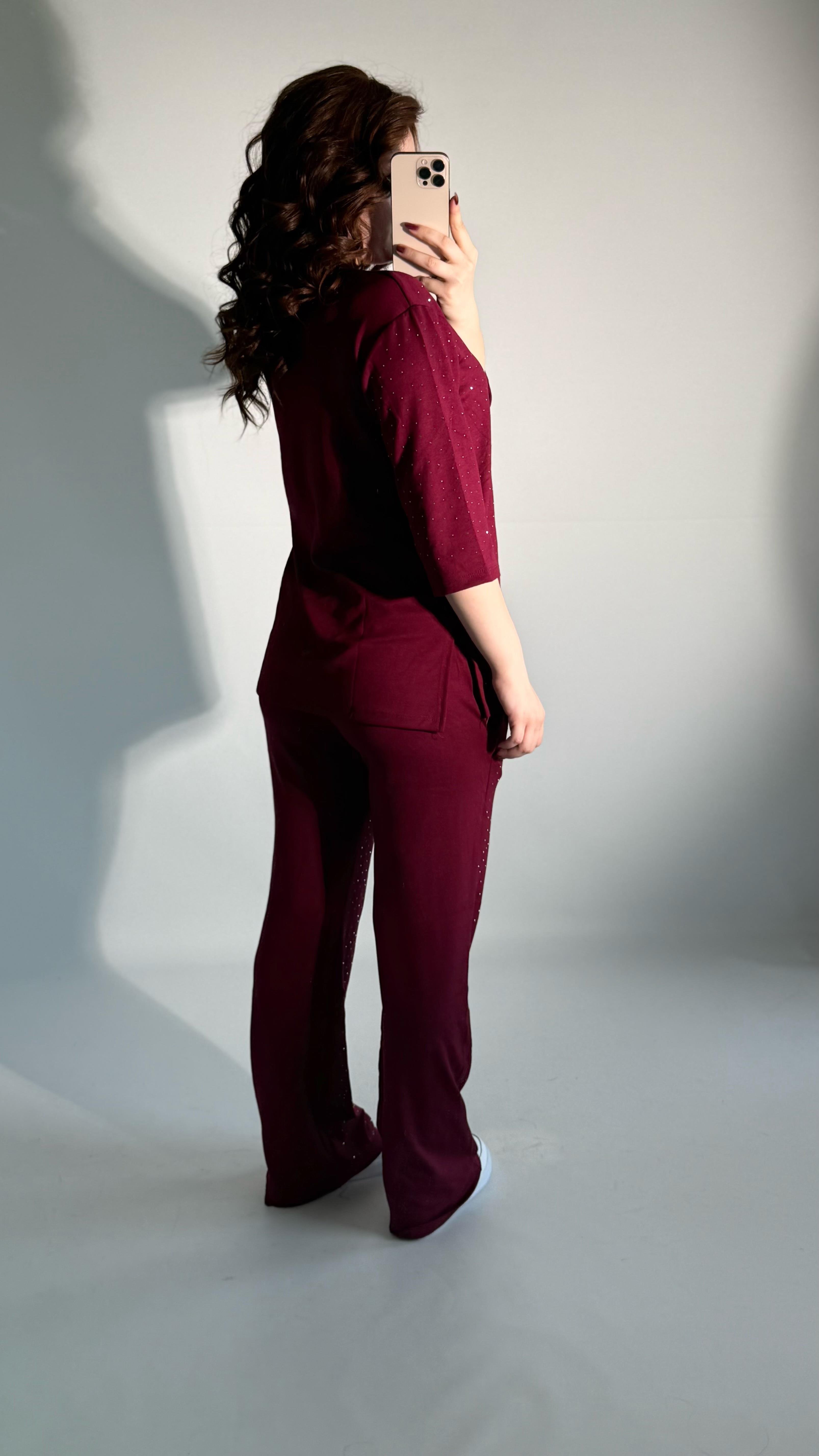 Oys. Taşlı Yarım Kol Takım Bordo