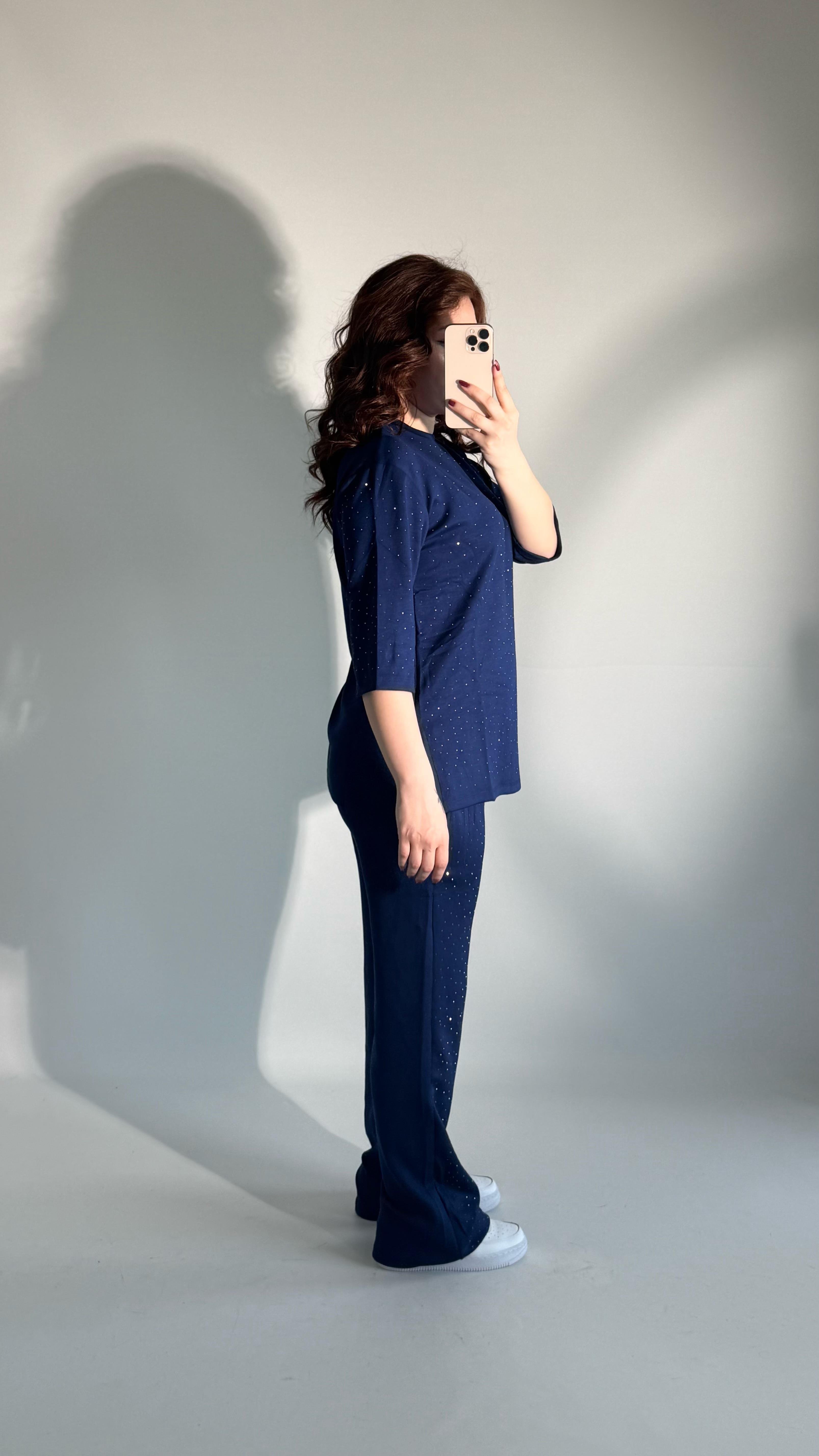 Oys. Taşlı Yarım Kol Takım Lacivert