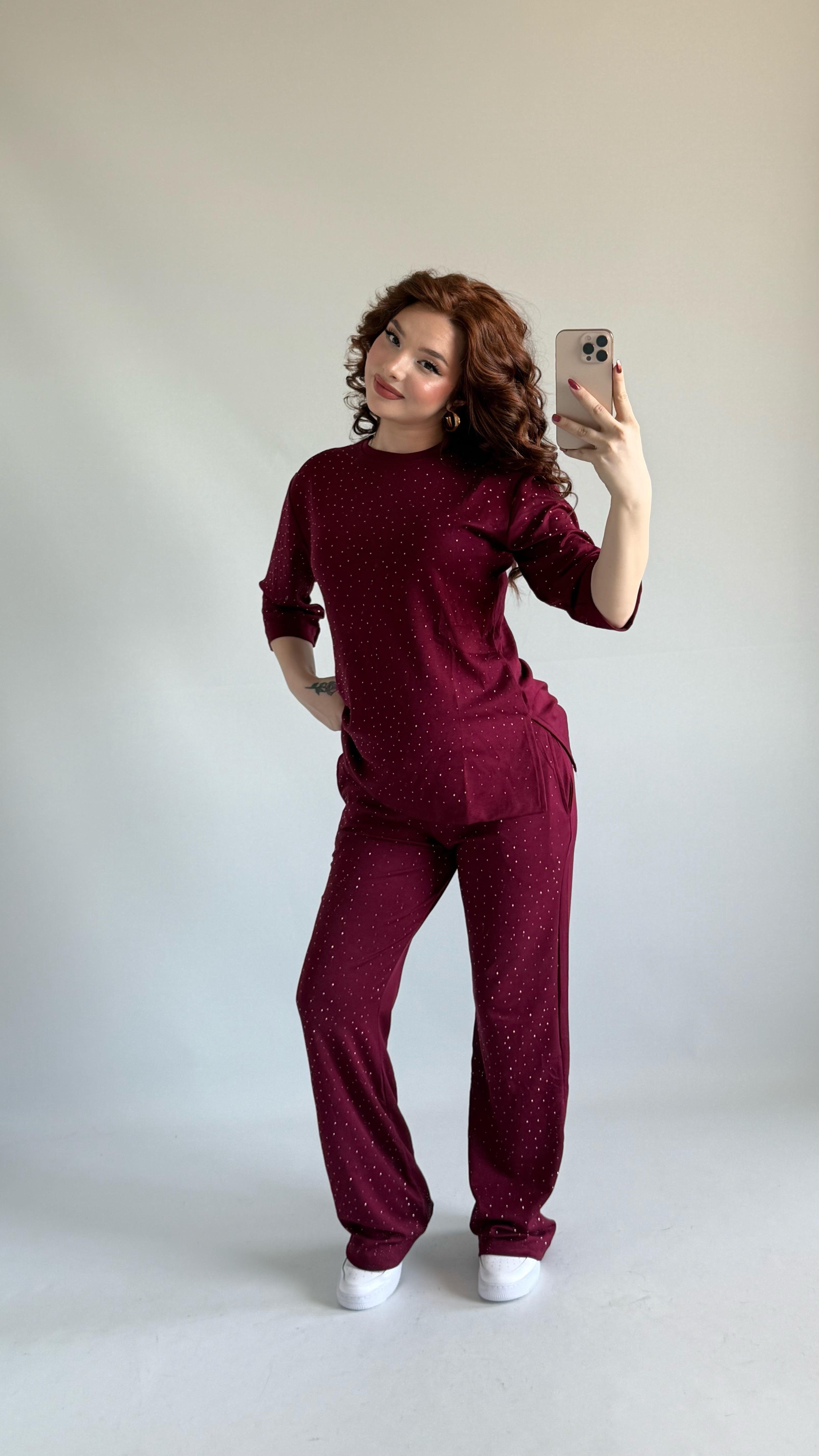 Oys. Taşlı Yarım Kol Takım Bordo