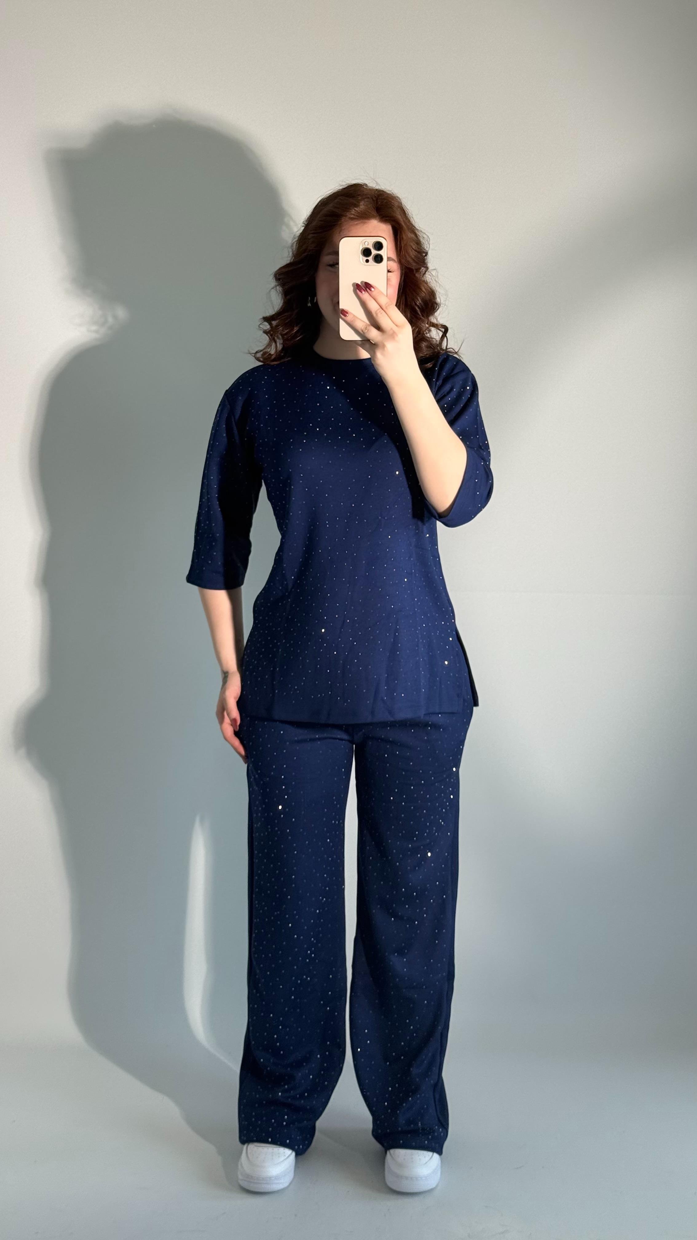 Oys. Taşlı Yarım Kol Takım Lacivert