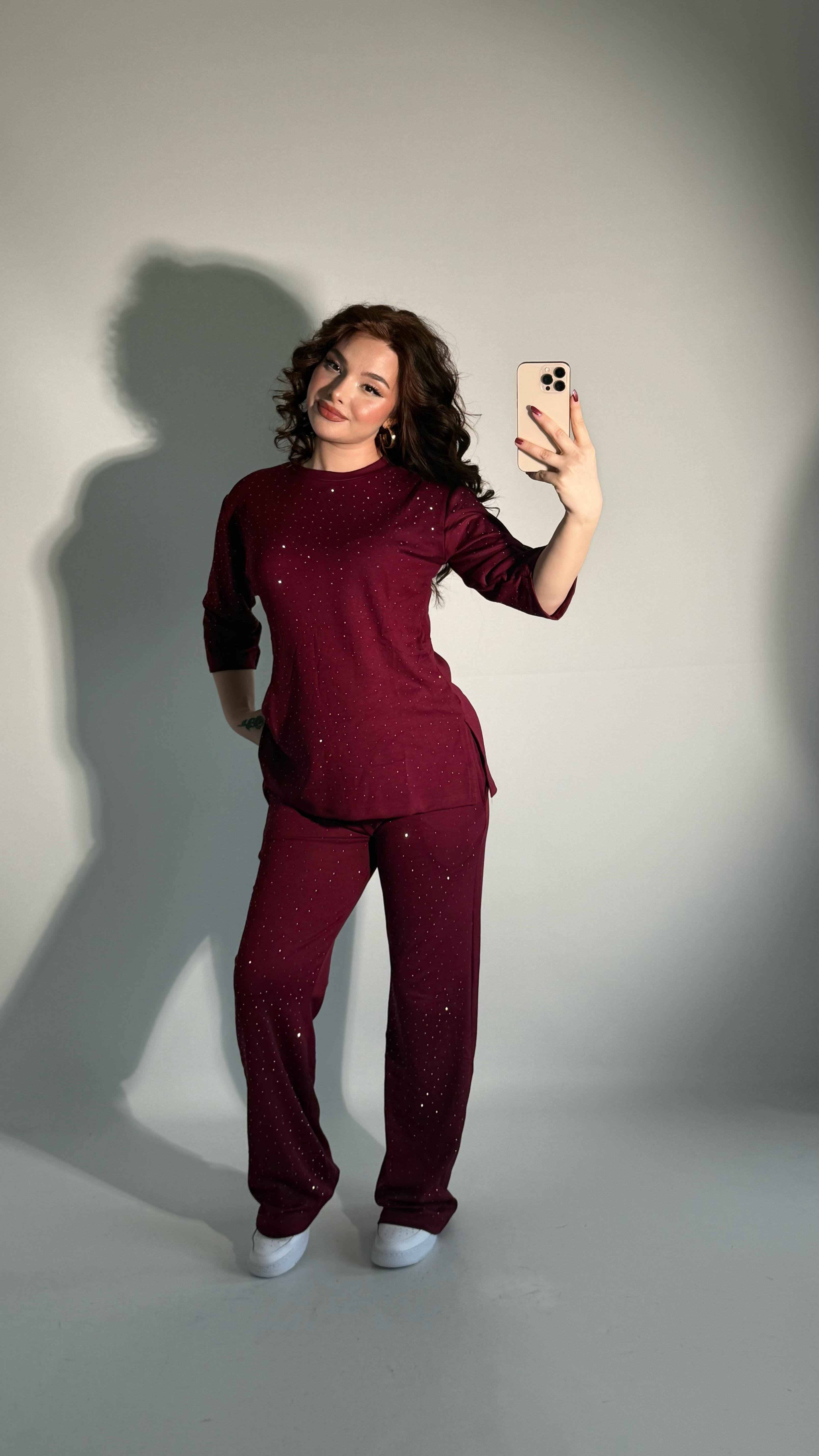 Oys. Taşlı Yarım Kol Takım Bordo