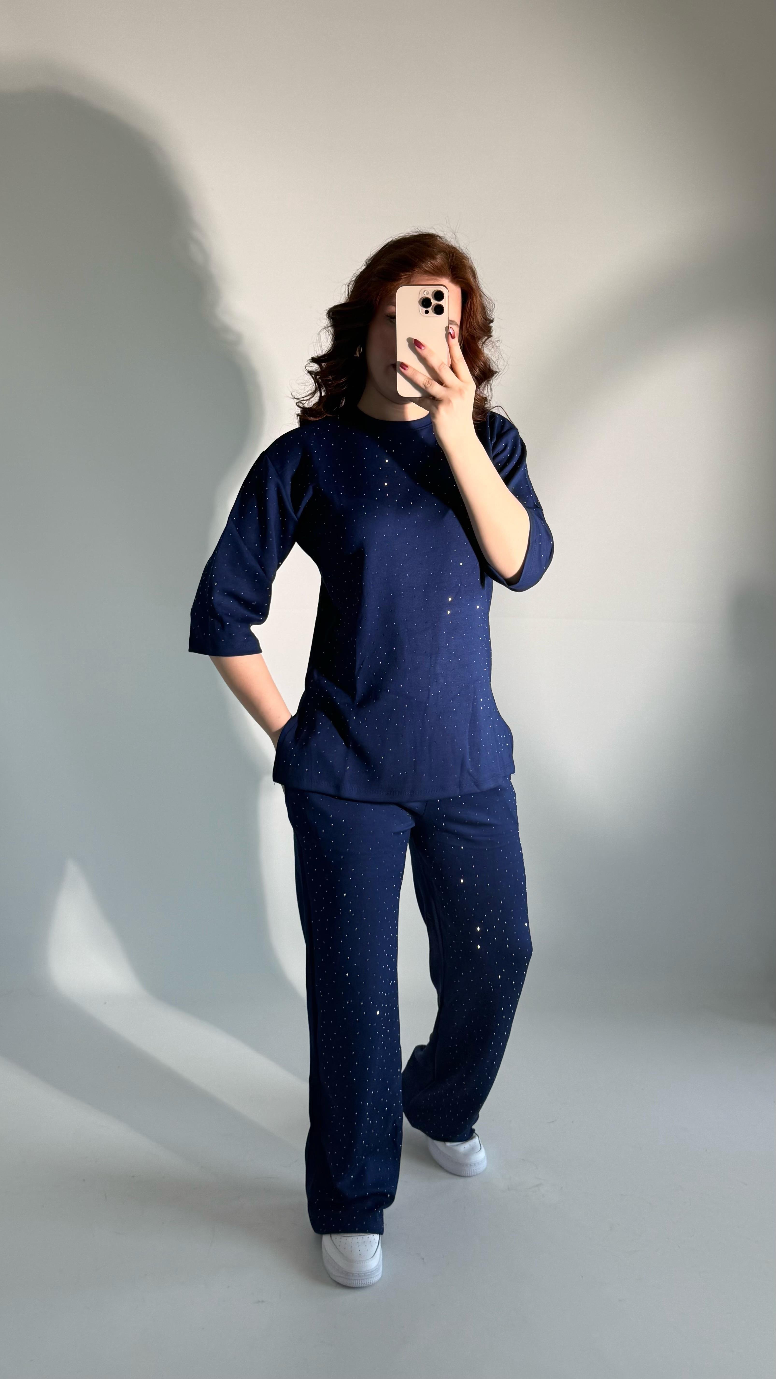 Oys. Taşlı Yarım Kol Takım Lacivert