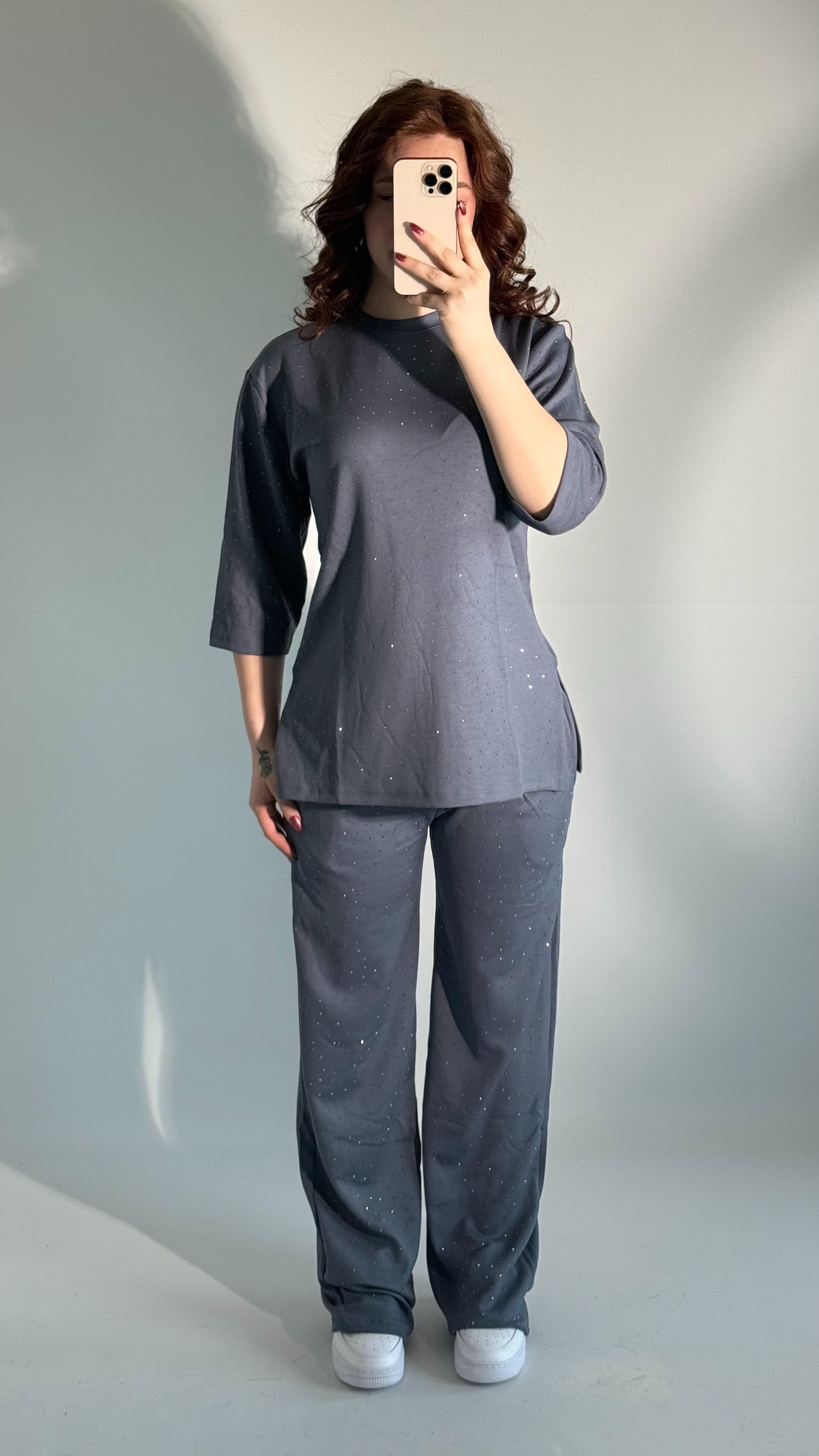 Oys. Taşlı Yarım Kol Takım Gri