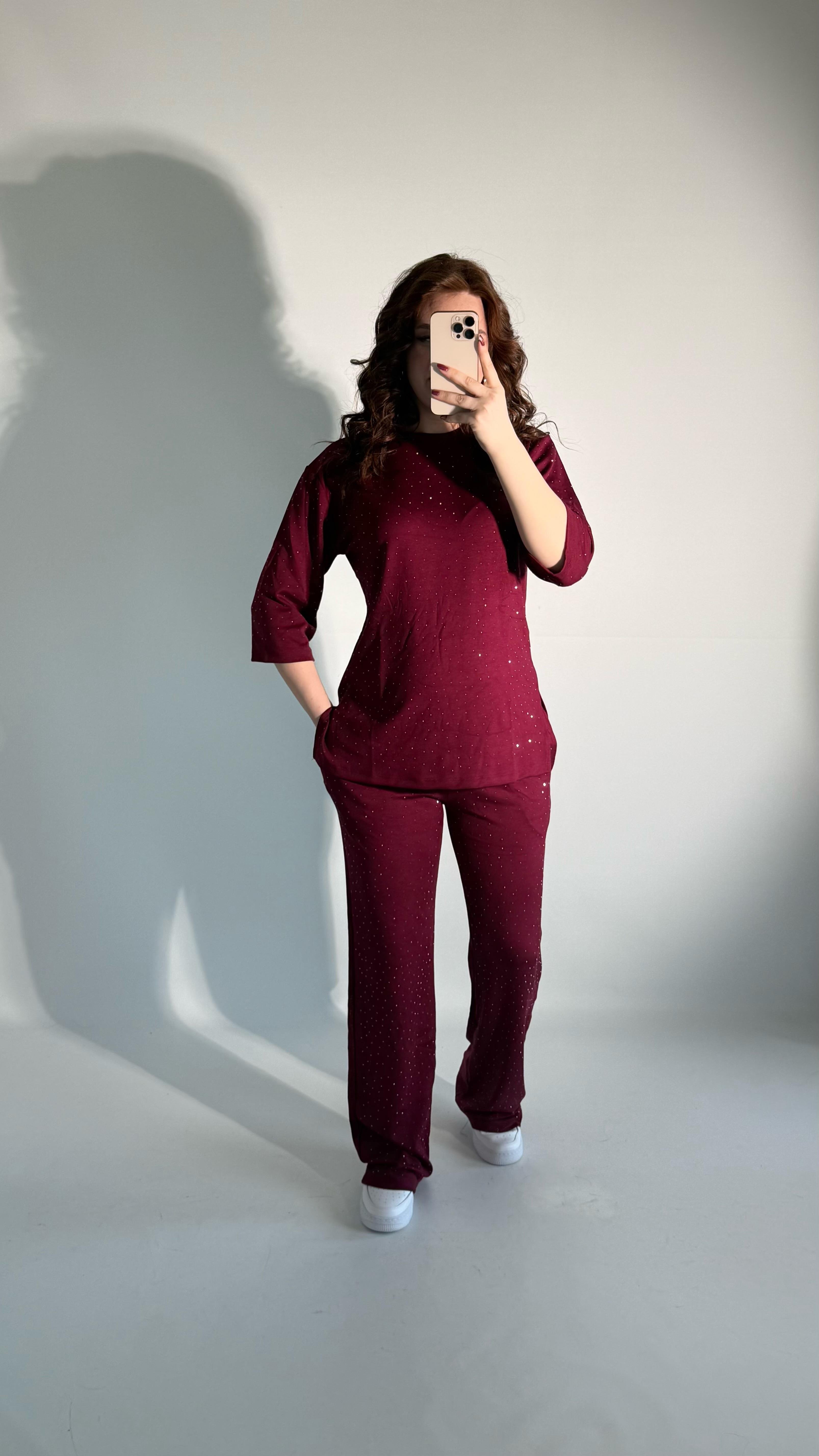 Oys. Taşlı Yarım Kol Takım Bordo