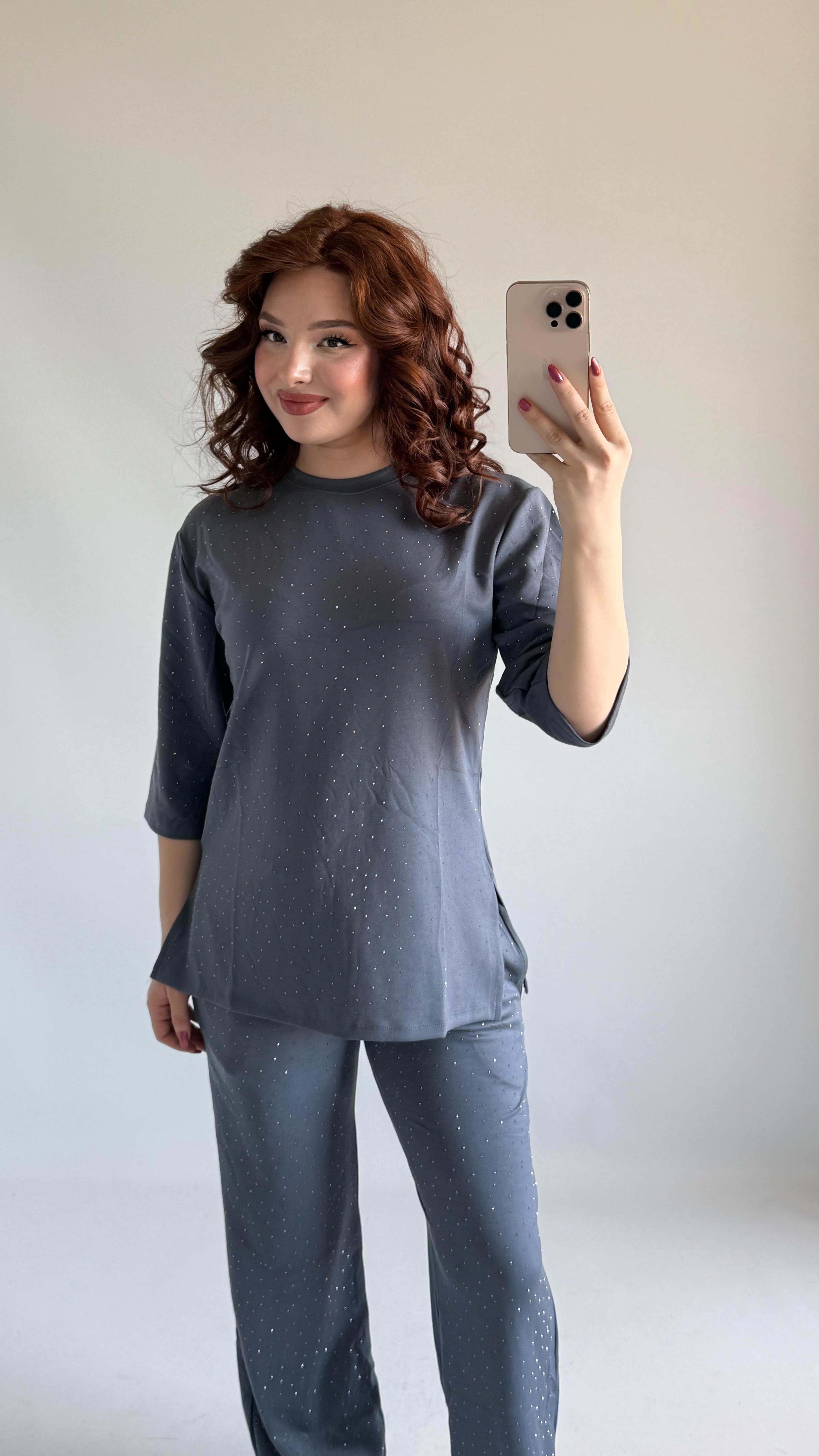 Oys. Taşlı Yarım Kol Takım Gri