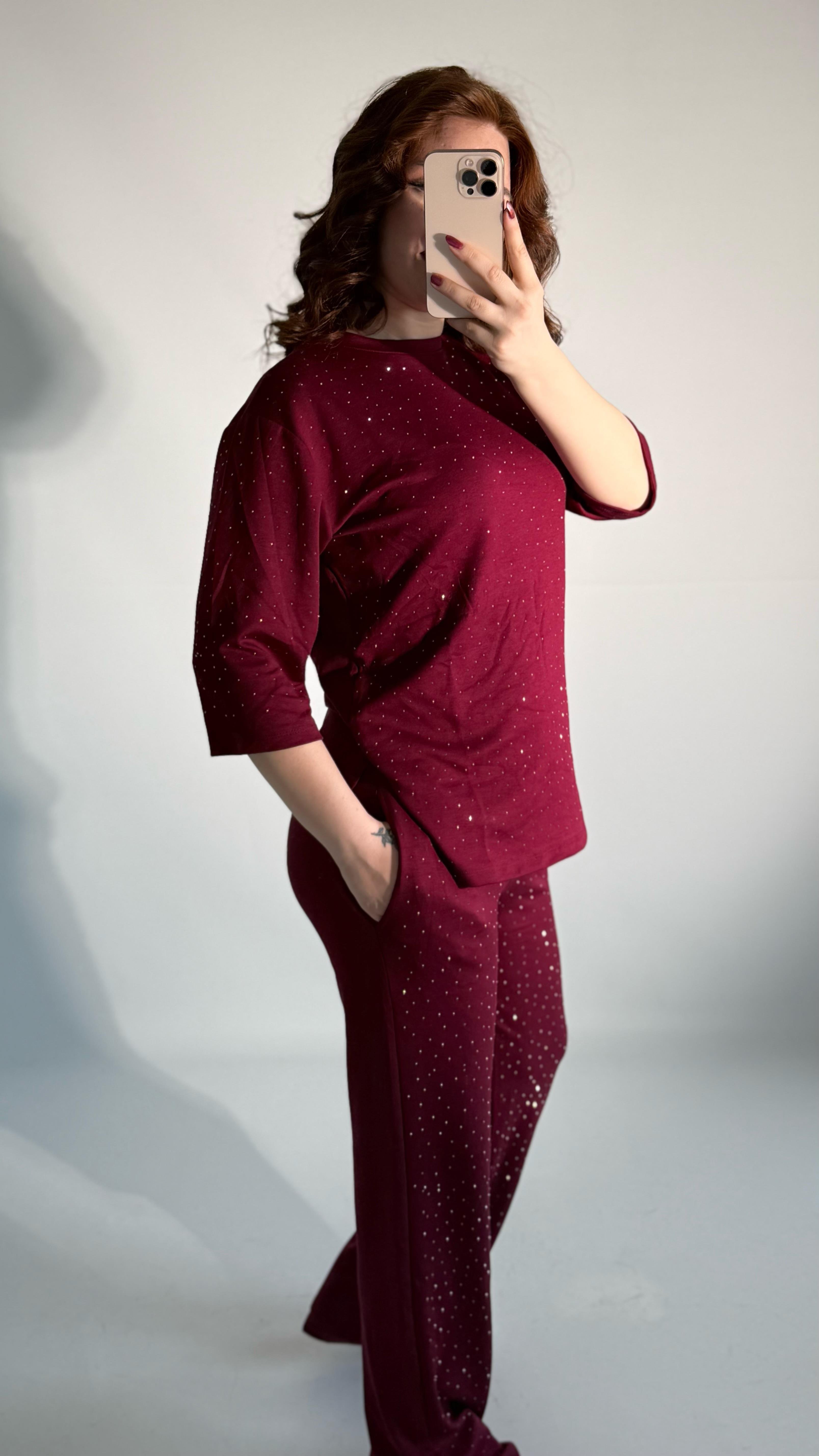 Oys. Taşlı Yarım Kol Takım Bordo