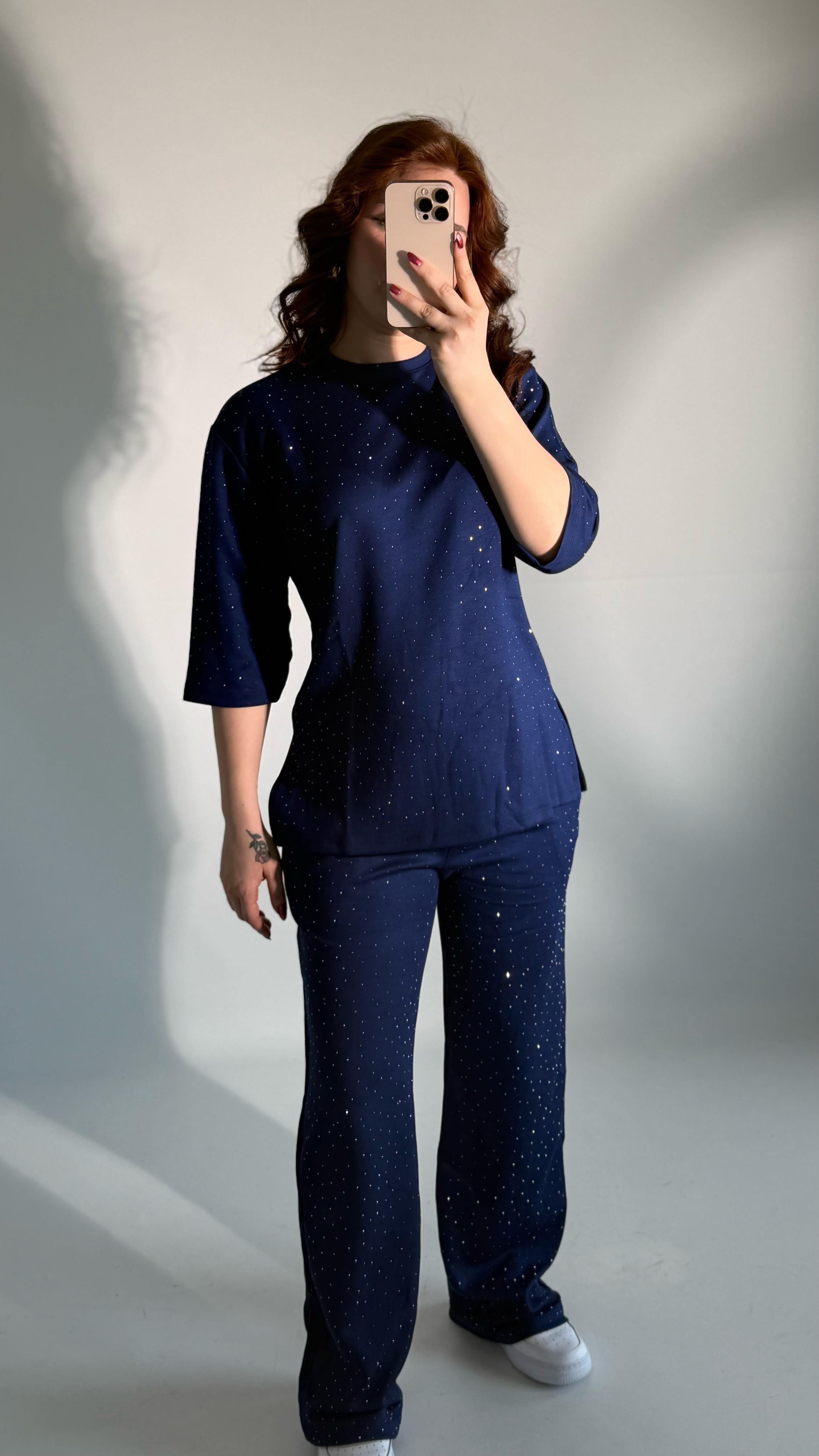 Oys. Taşlı Yarım Kol Takım Lacivert