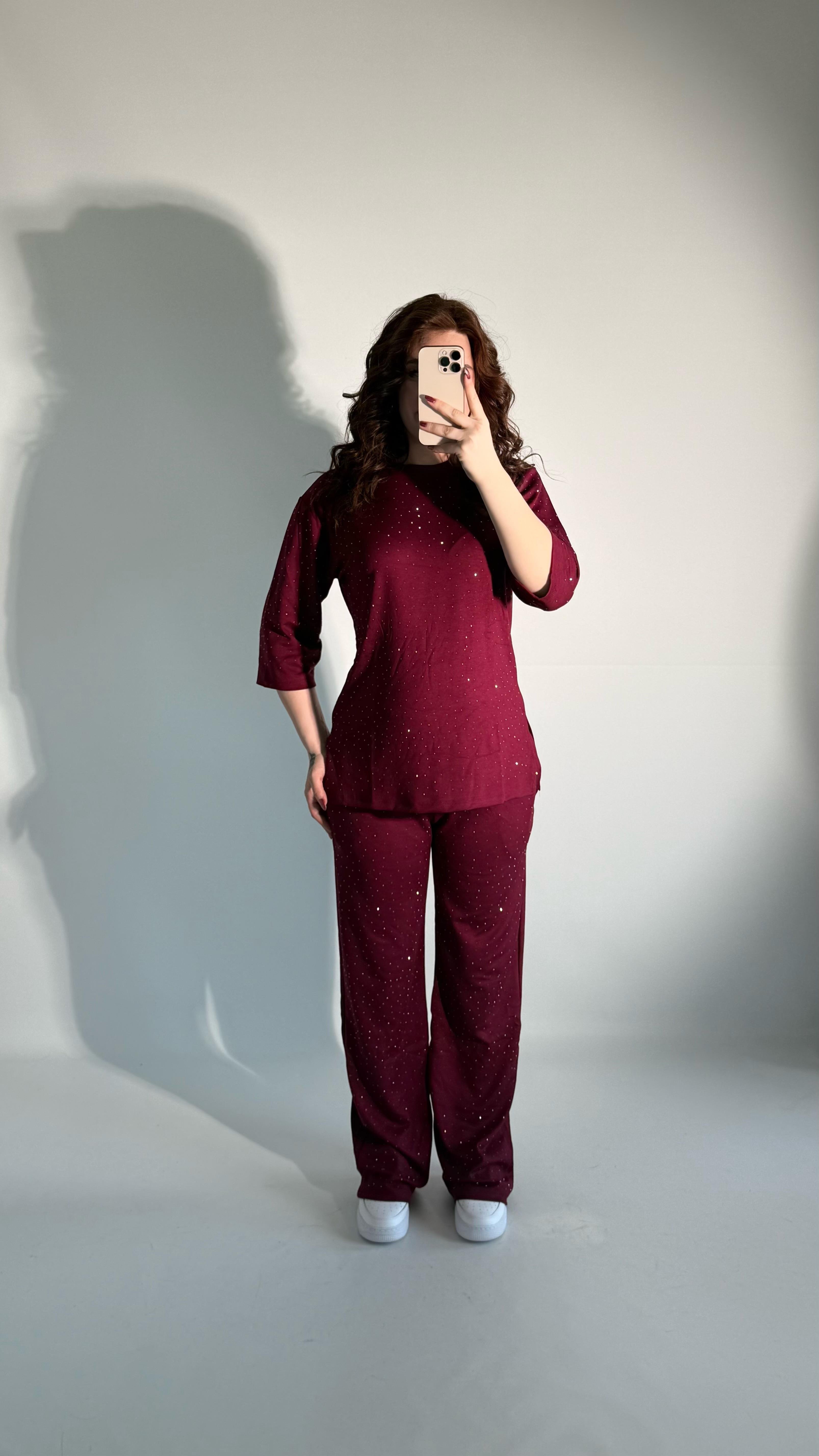 Oys. Taşlı Yarım Kol Takım Bordo