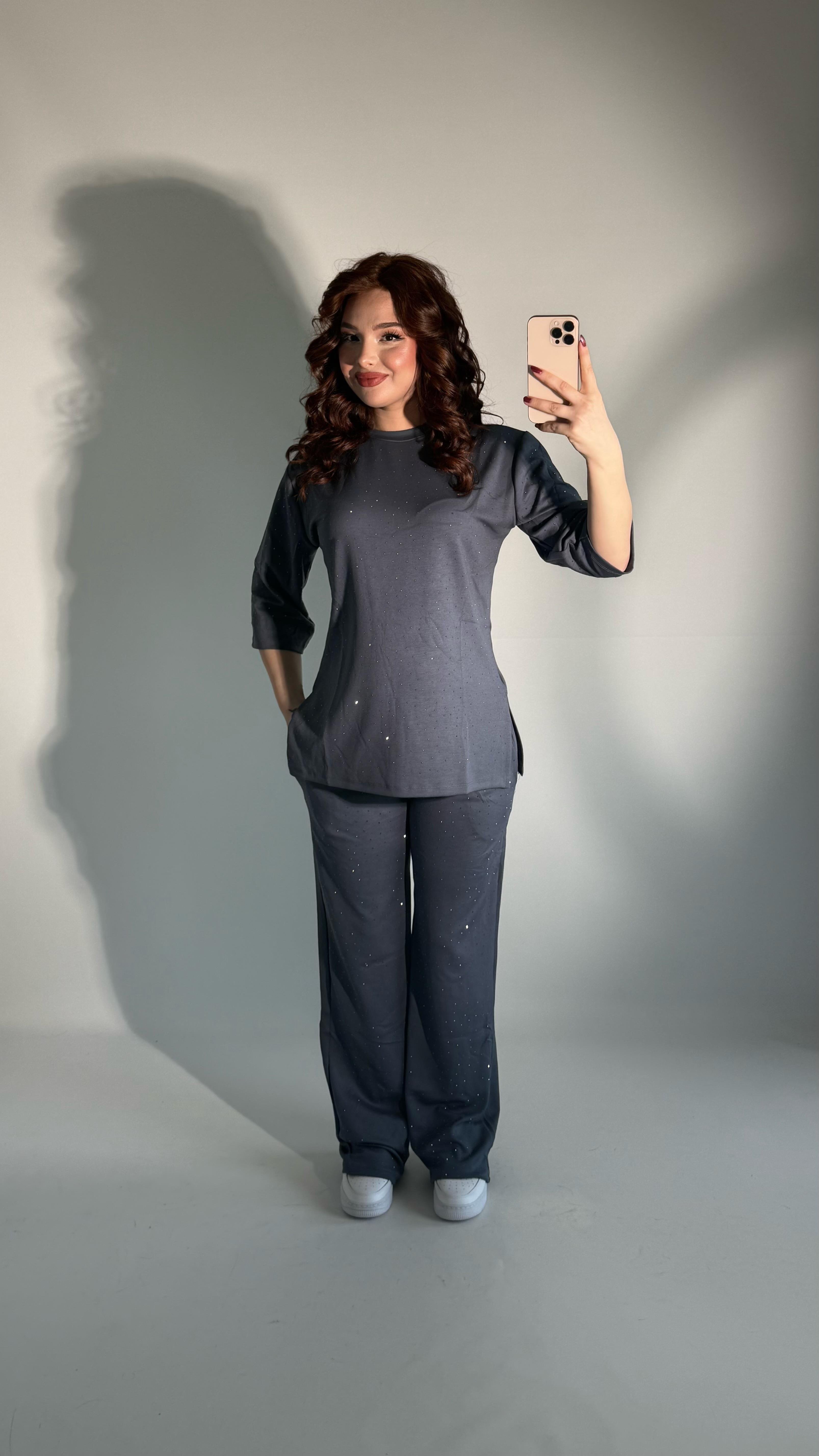 Oys. Taşlı Yarım Kol Takım Gri