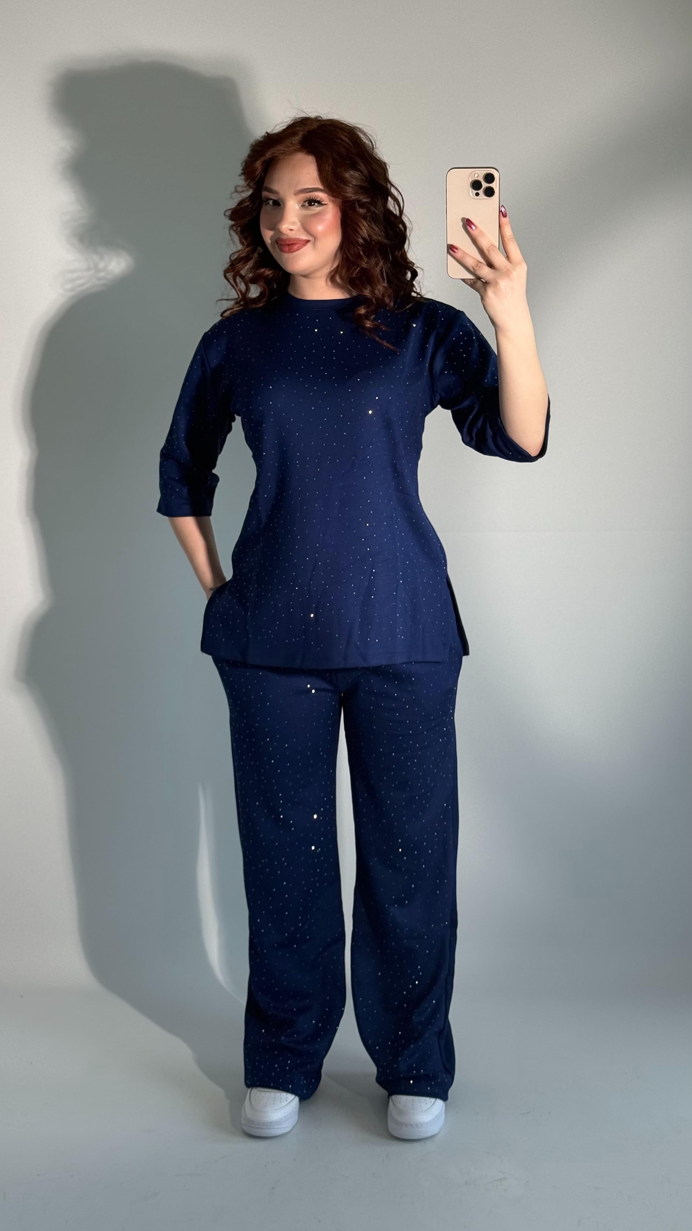 Oys. Taşlı Yarım Kol Takım Lacivert