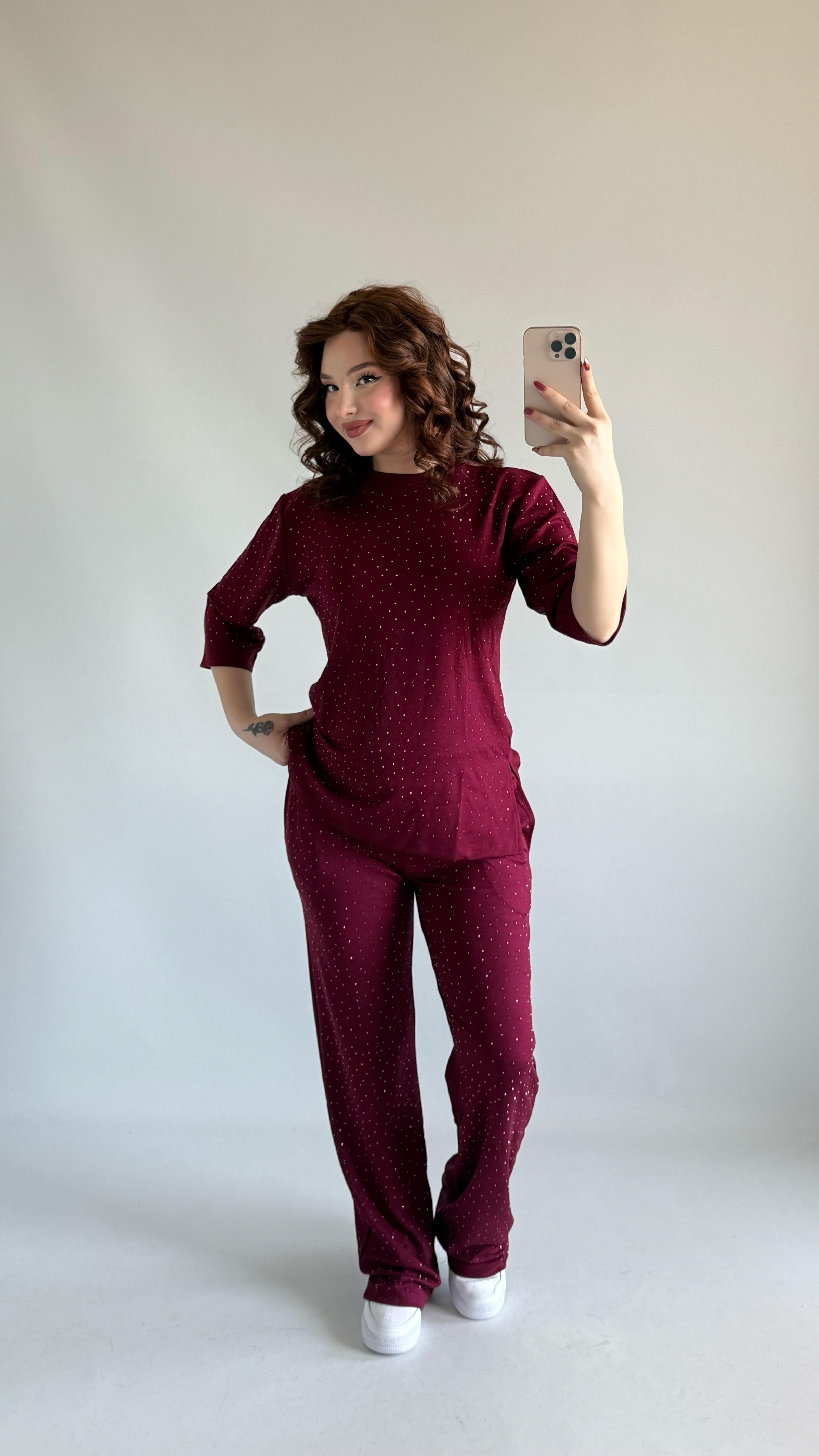 Oys. Taşlı Yarım Kol Takım Bordo