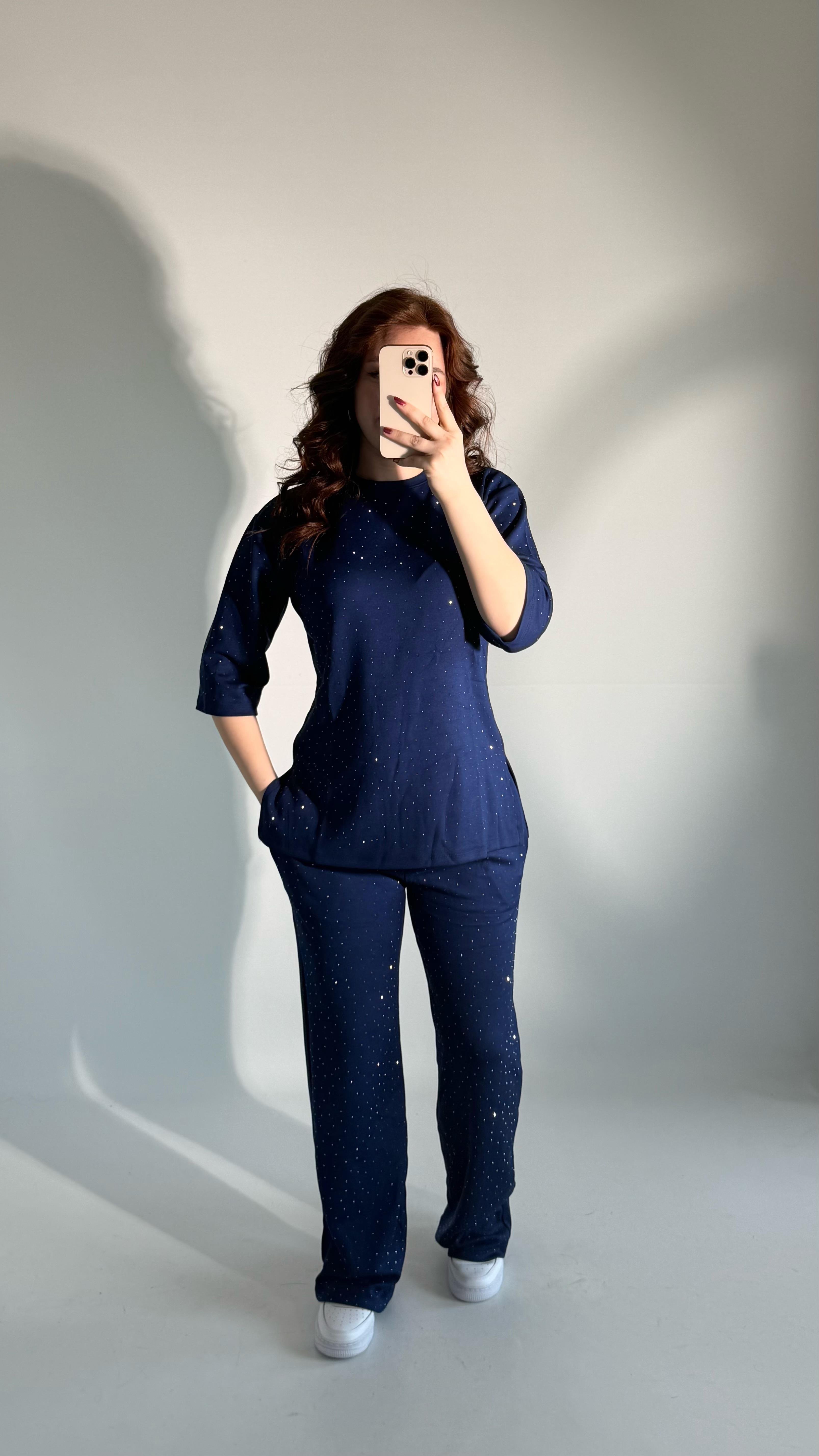 Oys. Taşlı Yarım Kol Takım Lacivert