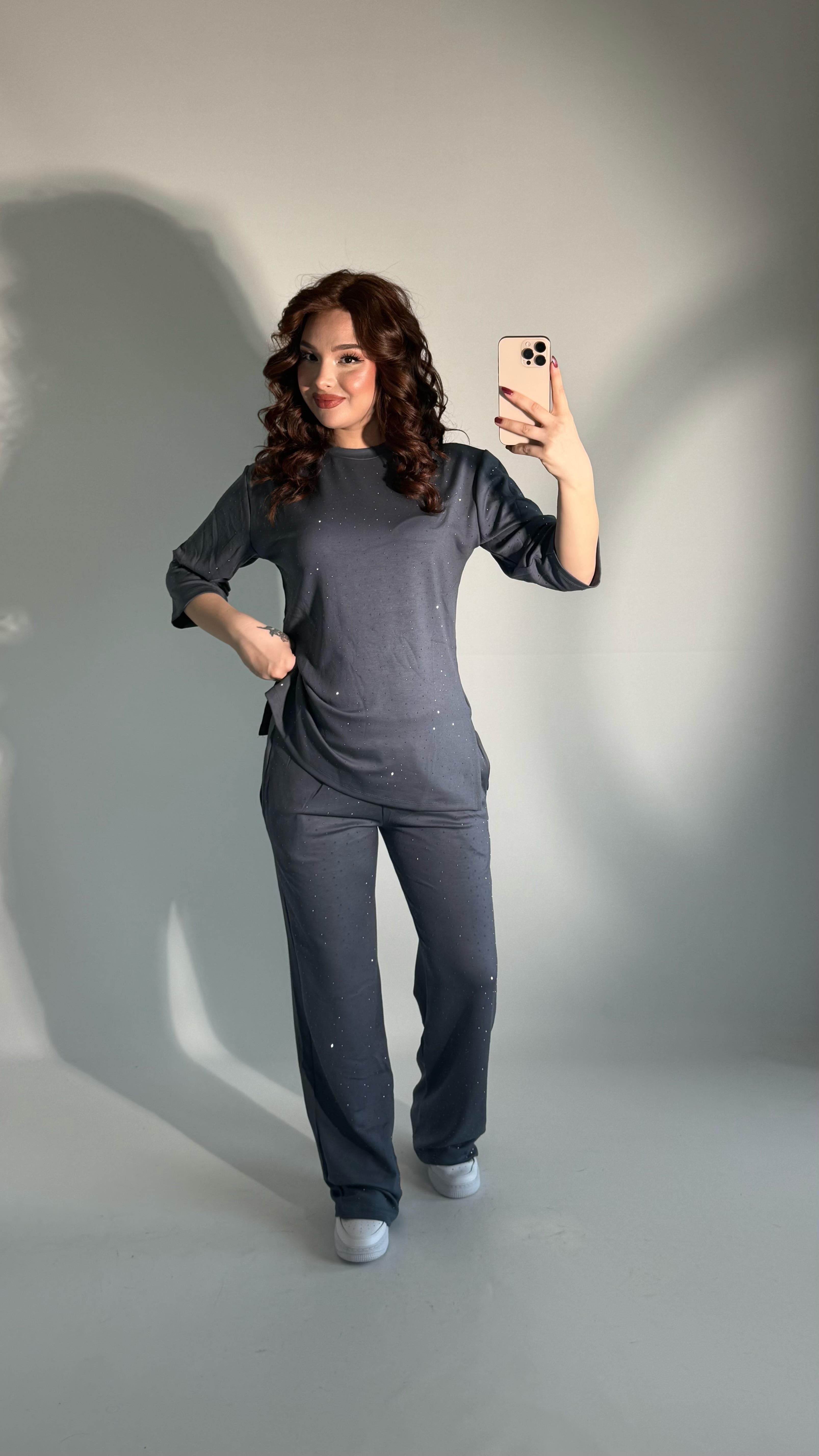 Oys. Taşlı Yarım Kol Takım Gri