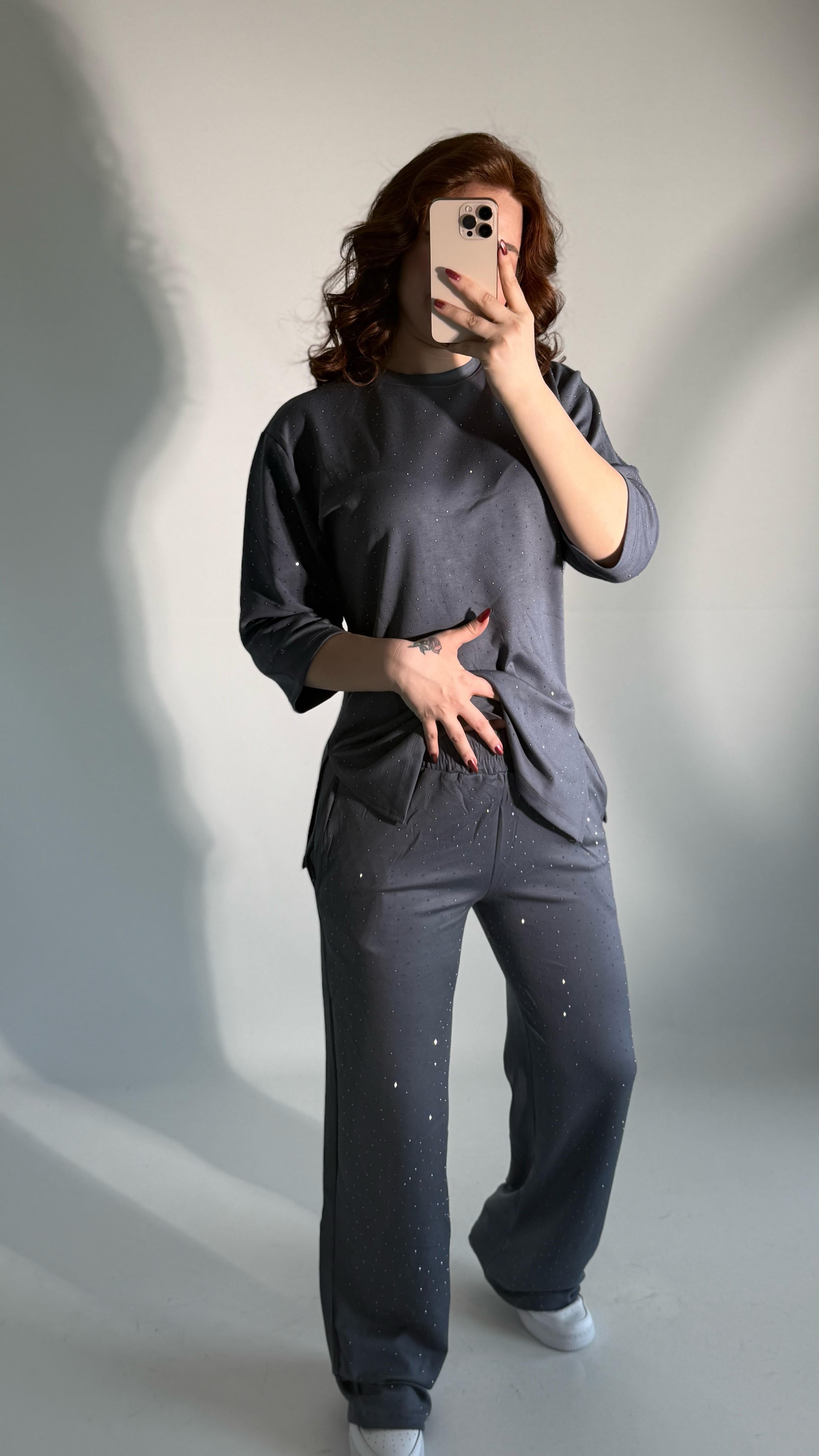 Oys. Taşlı Yarım Kol Takım Gri