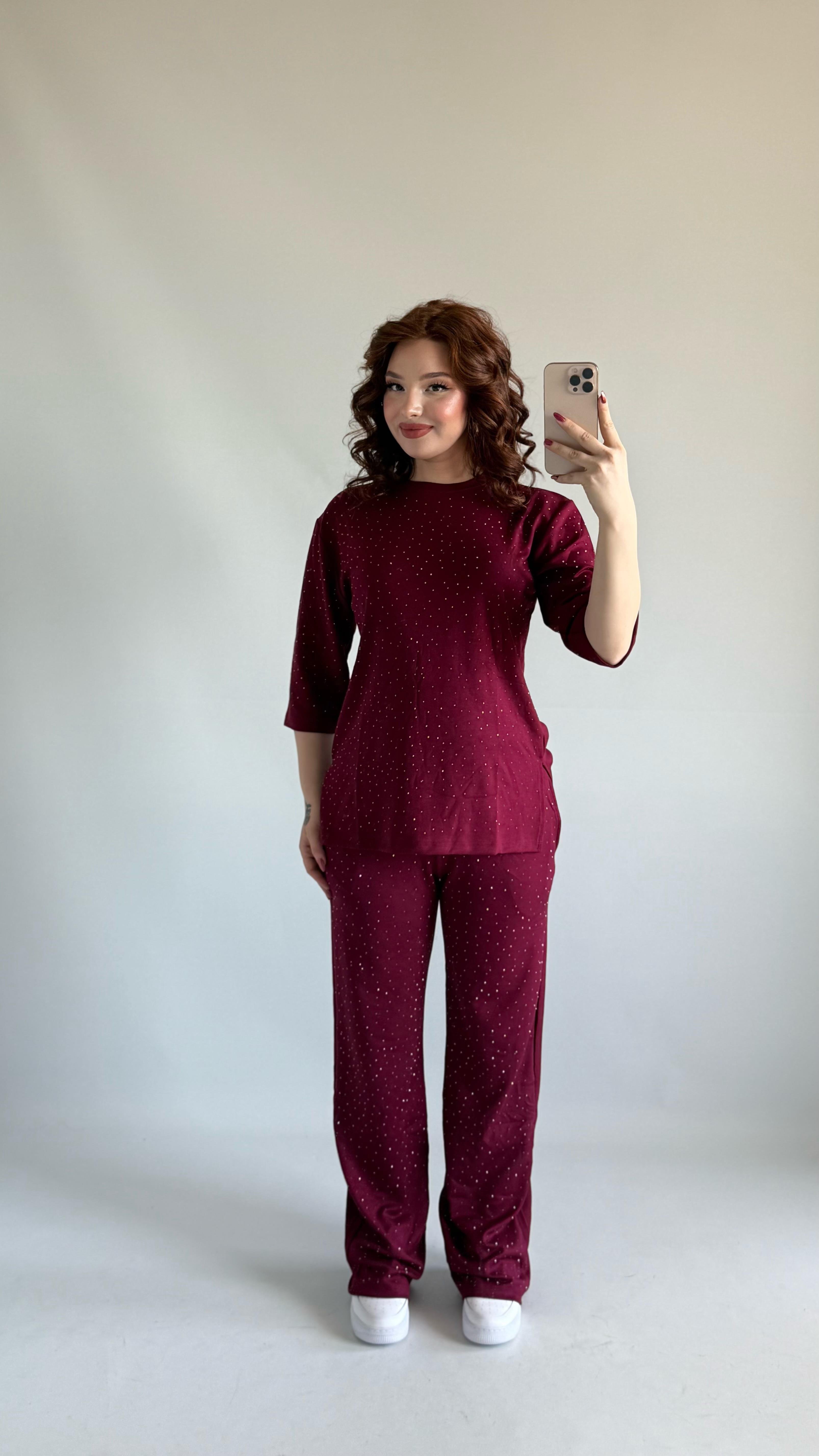 Oys. Taşlı Yarım Kol Takım Bordo