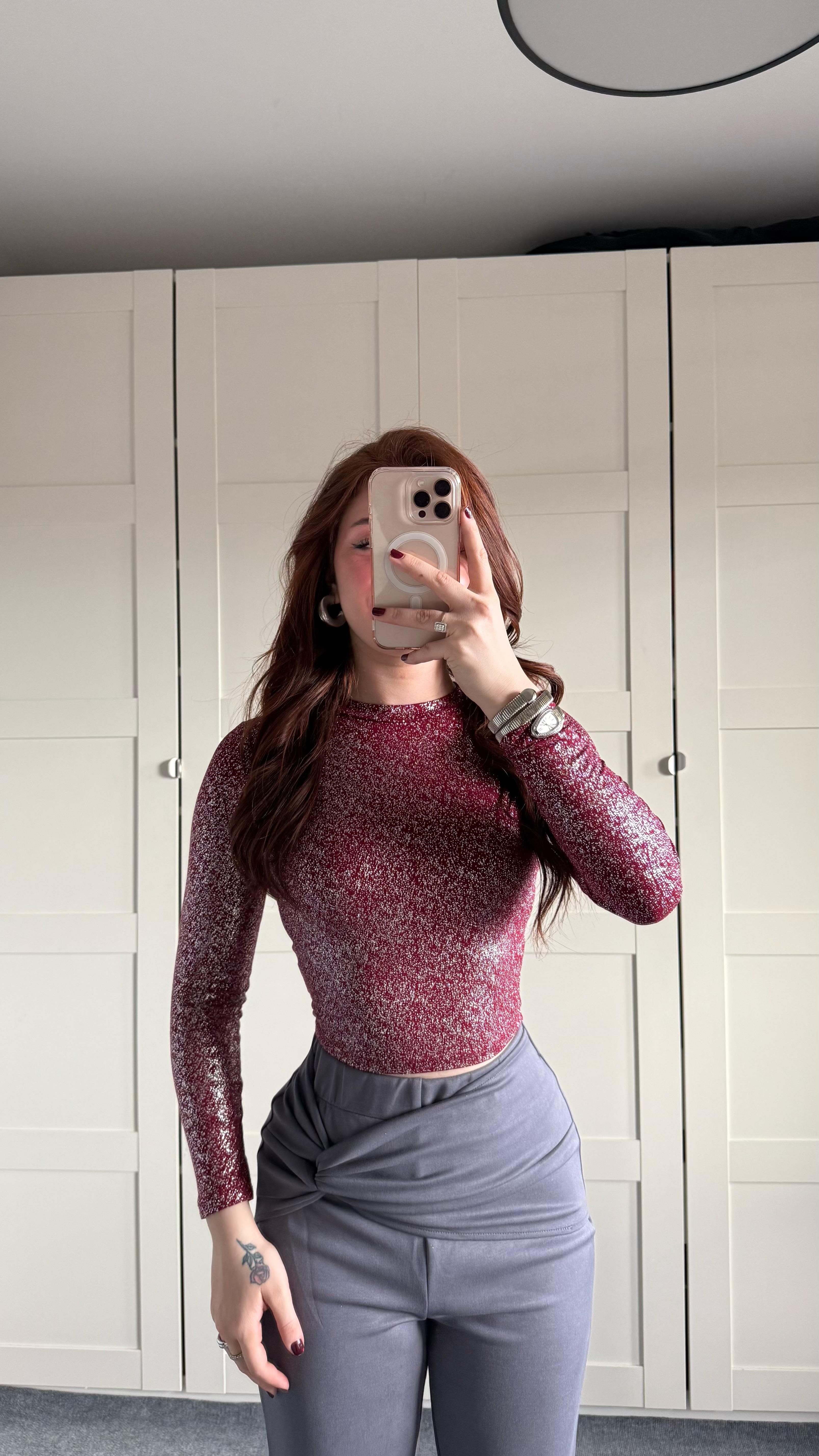 Oysh. Simli Uzun Kol Body Bordo