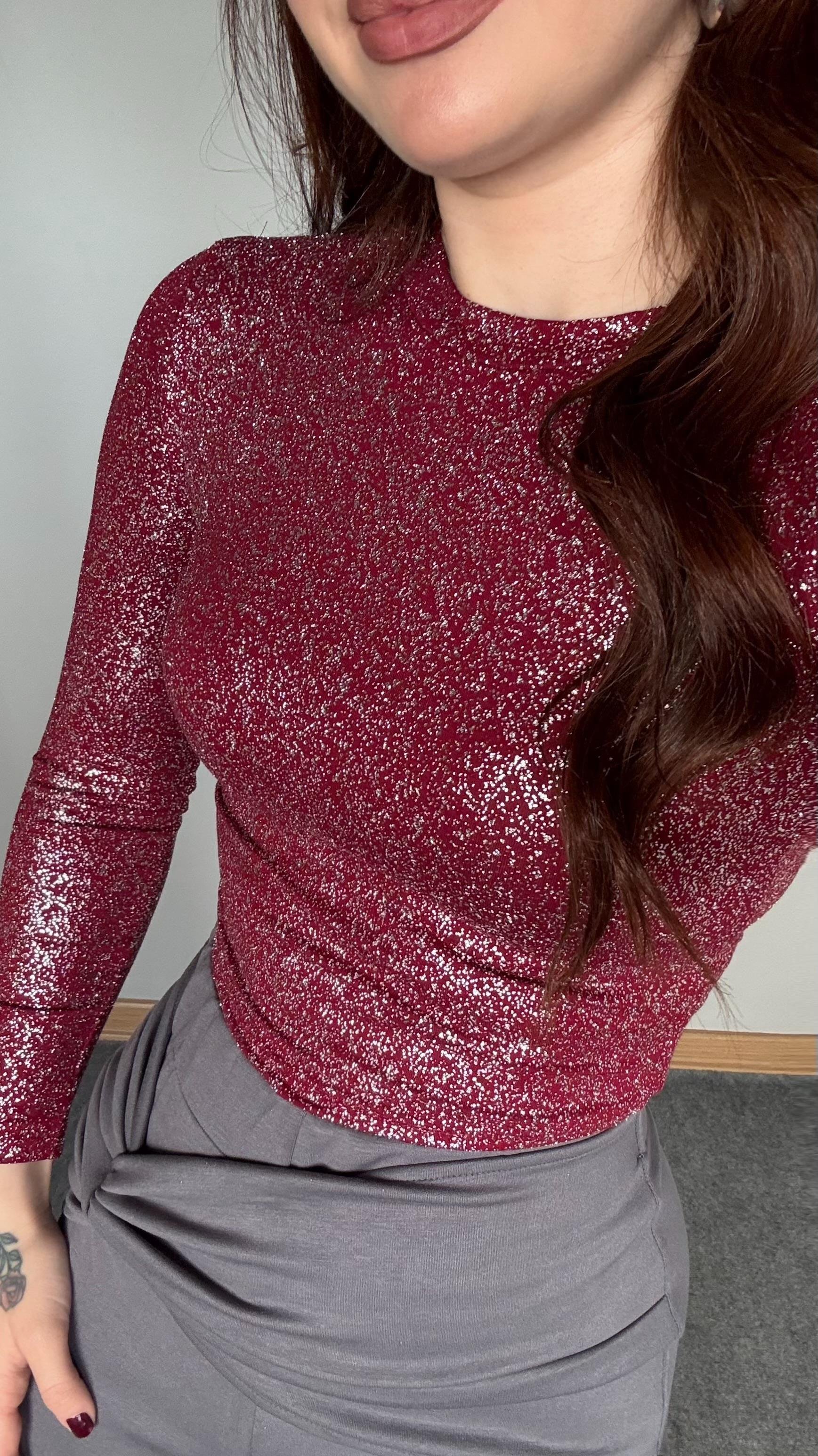 Oysh. Simli Uzun Kol Body Bordo