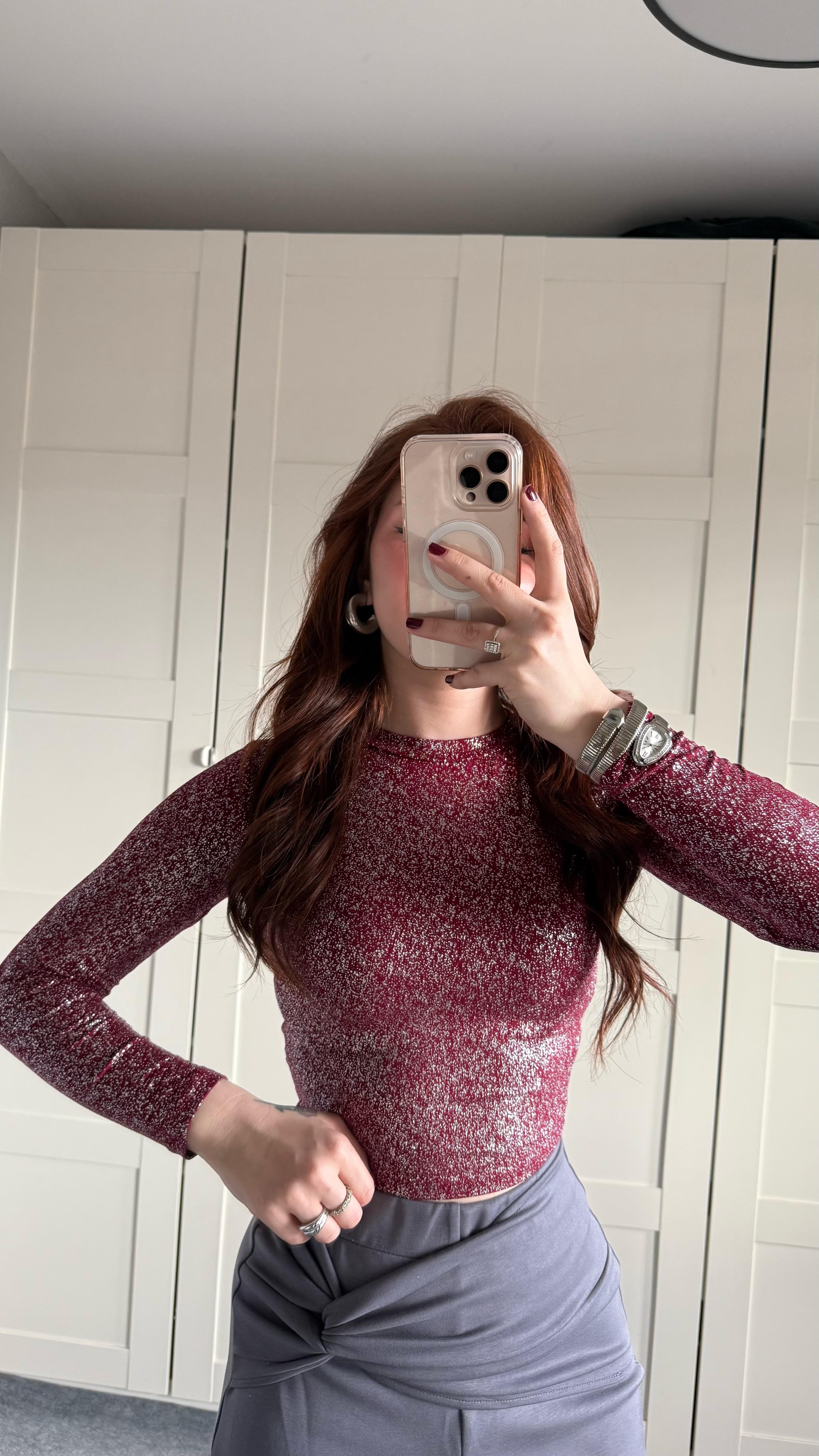 Oysh. Simli Uzun Kol Body Bordo