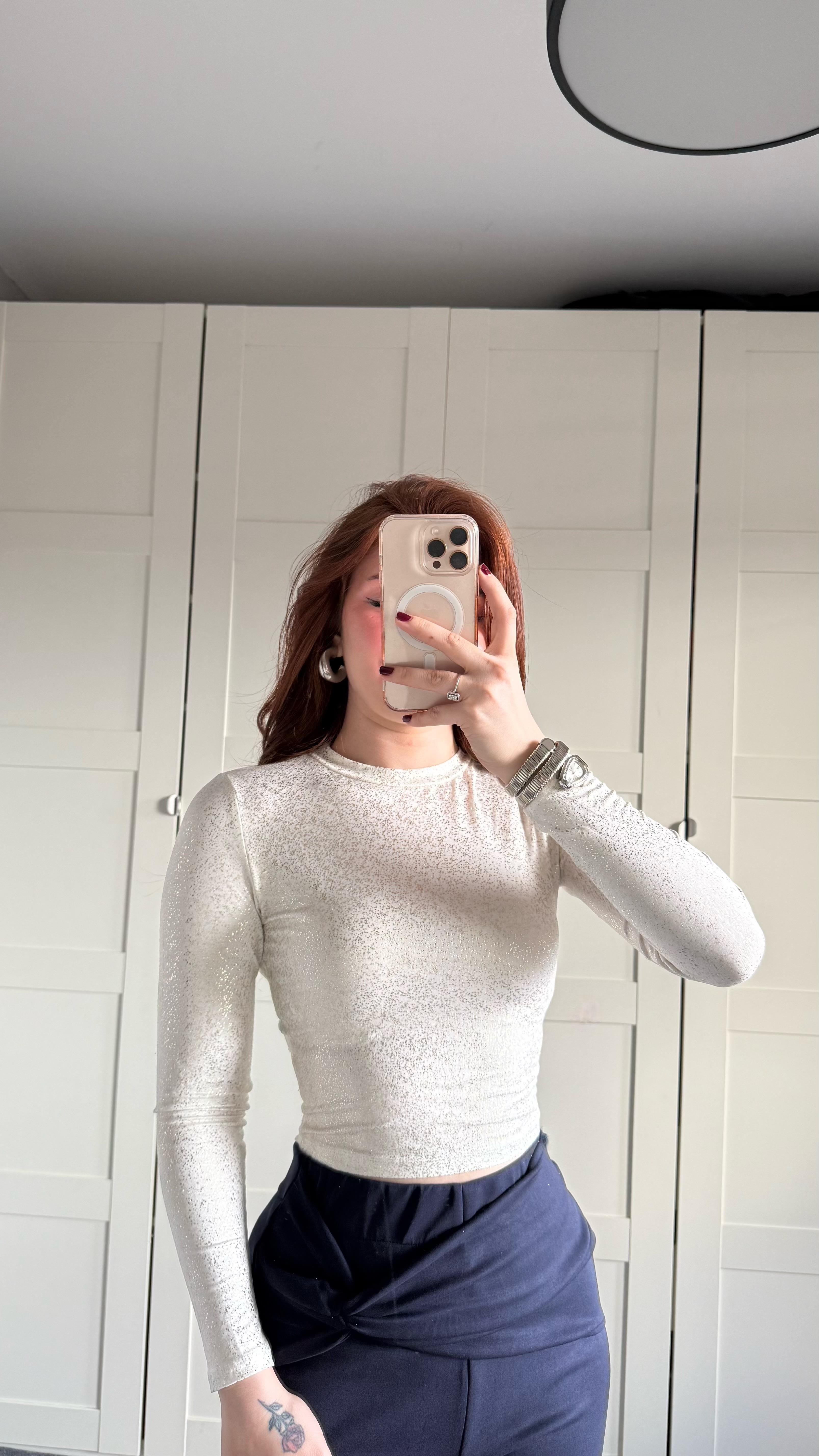 Oysh. Simli Uzun Kol Body Beyaz