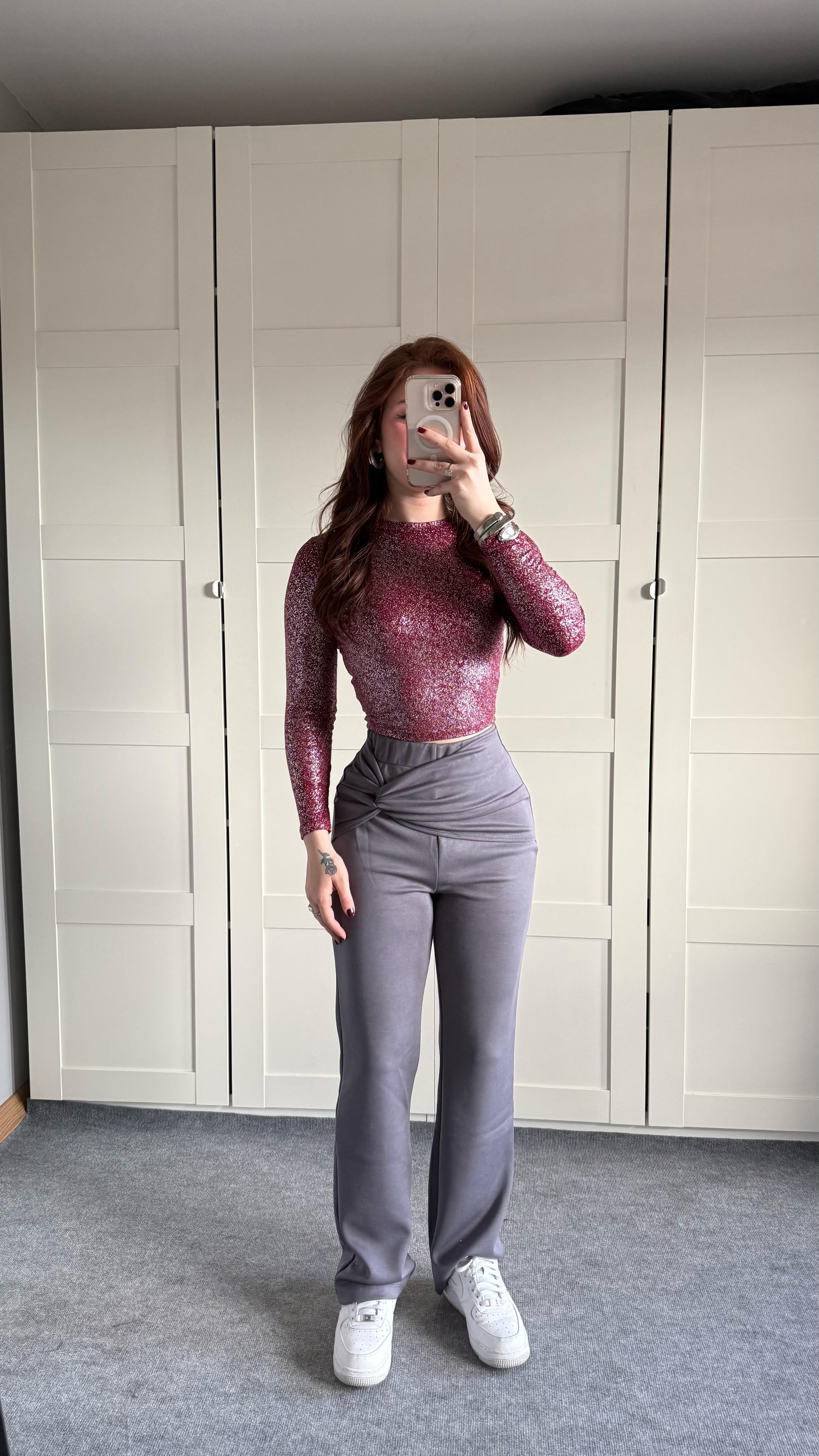 Oysh. Simli Uzun Kol Body Bordo