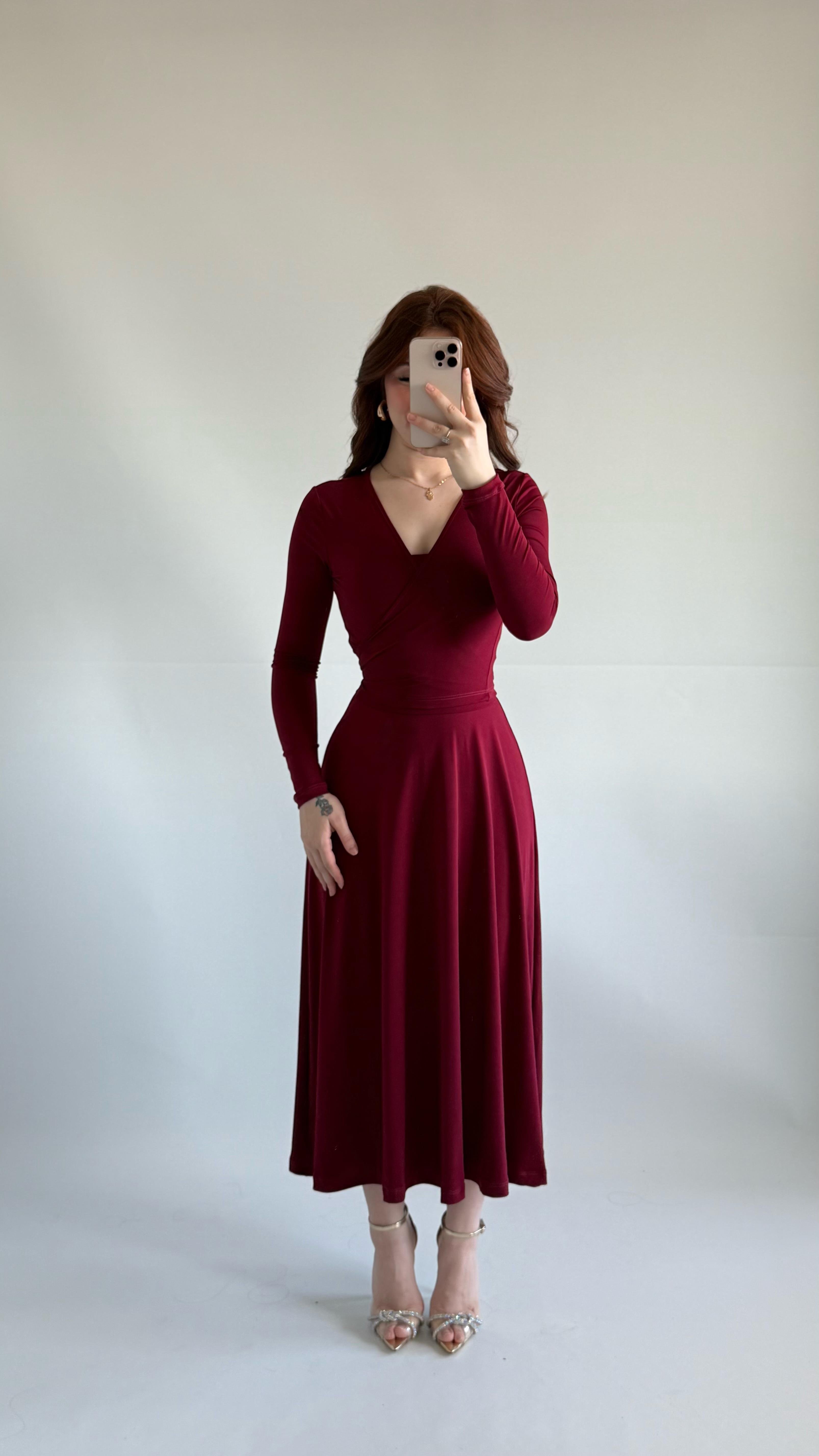 Özel Üretim Belden Bağlama Elbise Hırka Elbise Bordo
