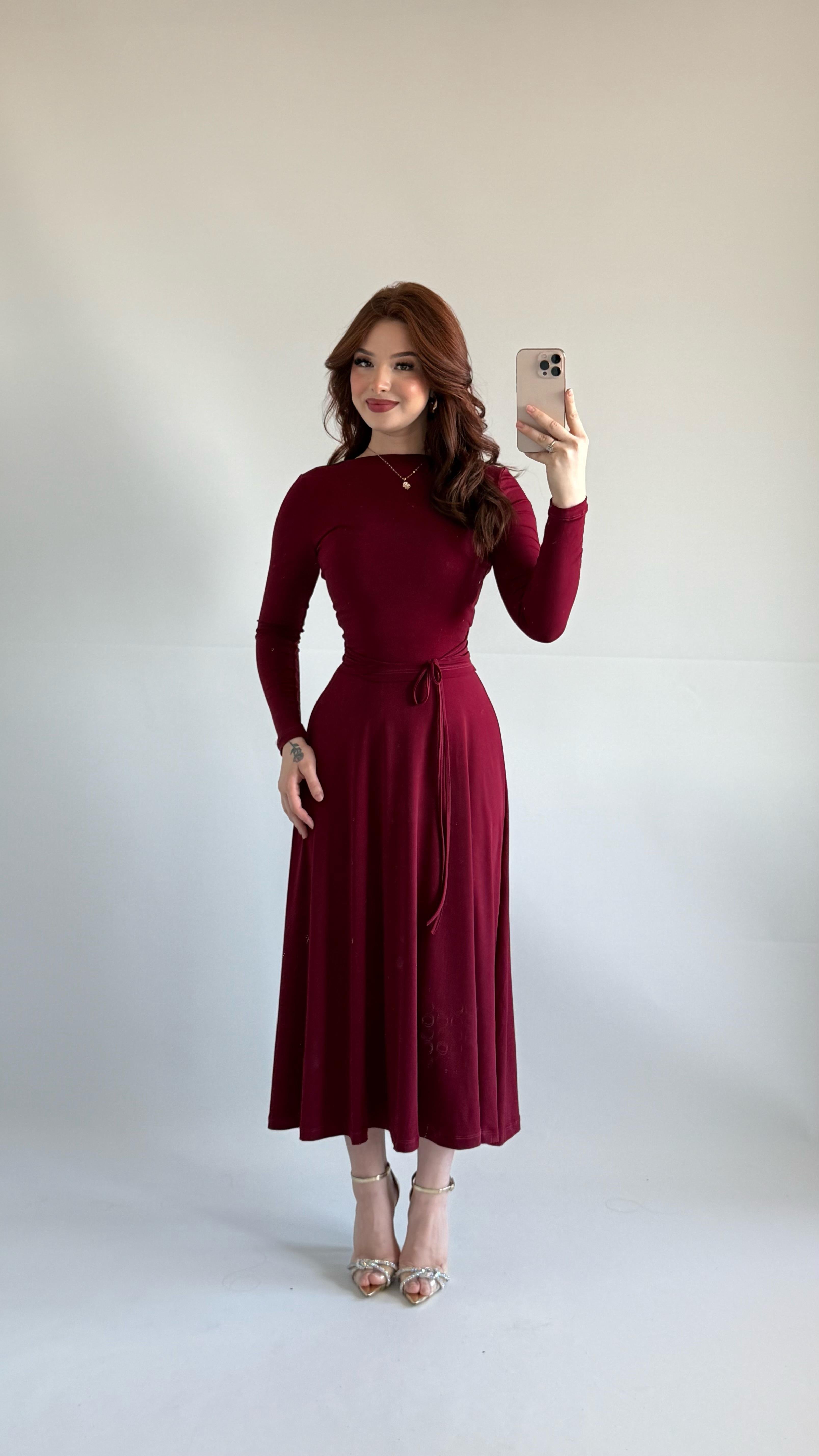 Özel Üretim Belden Bağlama Elbise Hırka Elbise Bordo
