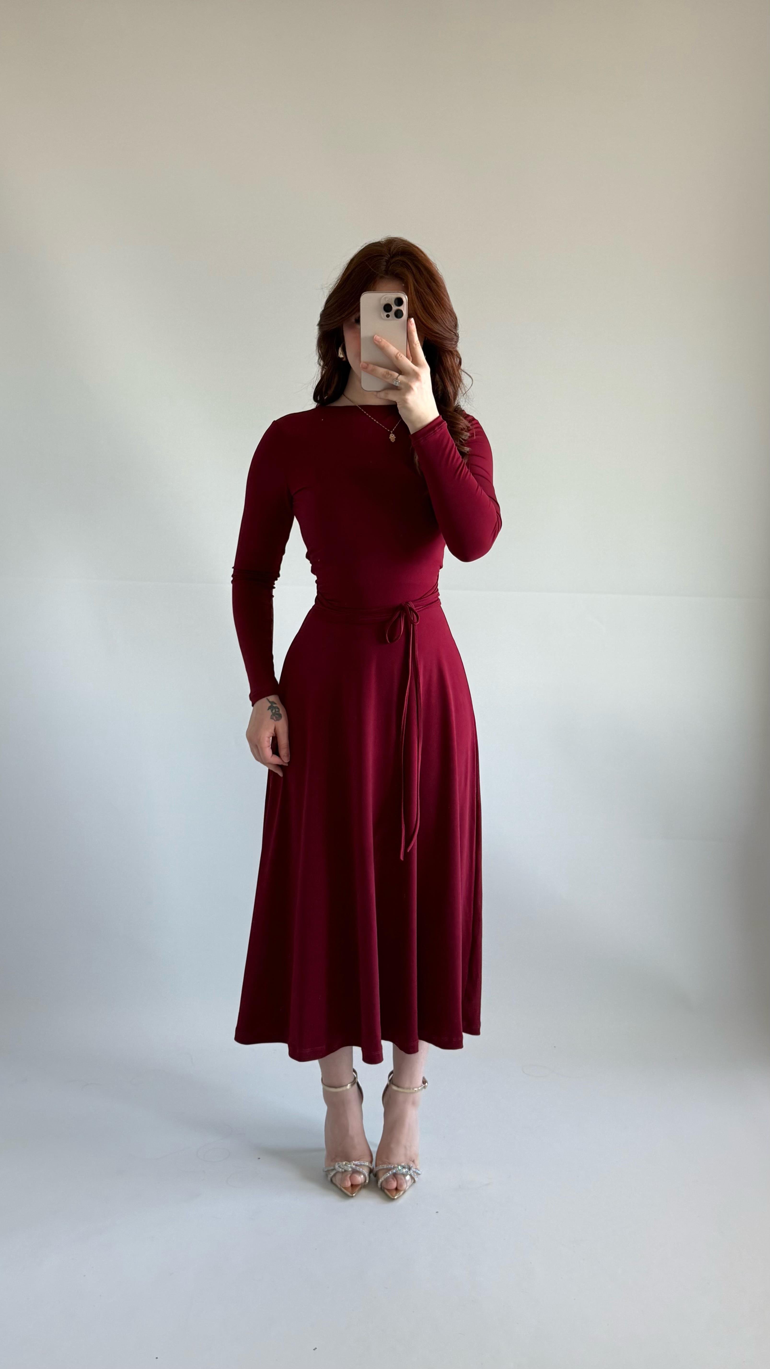 Özel Üretim Belden Bağlama Elbise Hırka Elbise Bordo