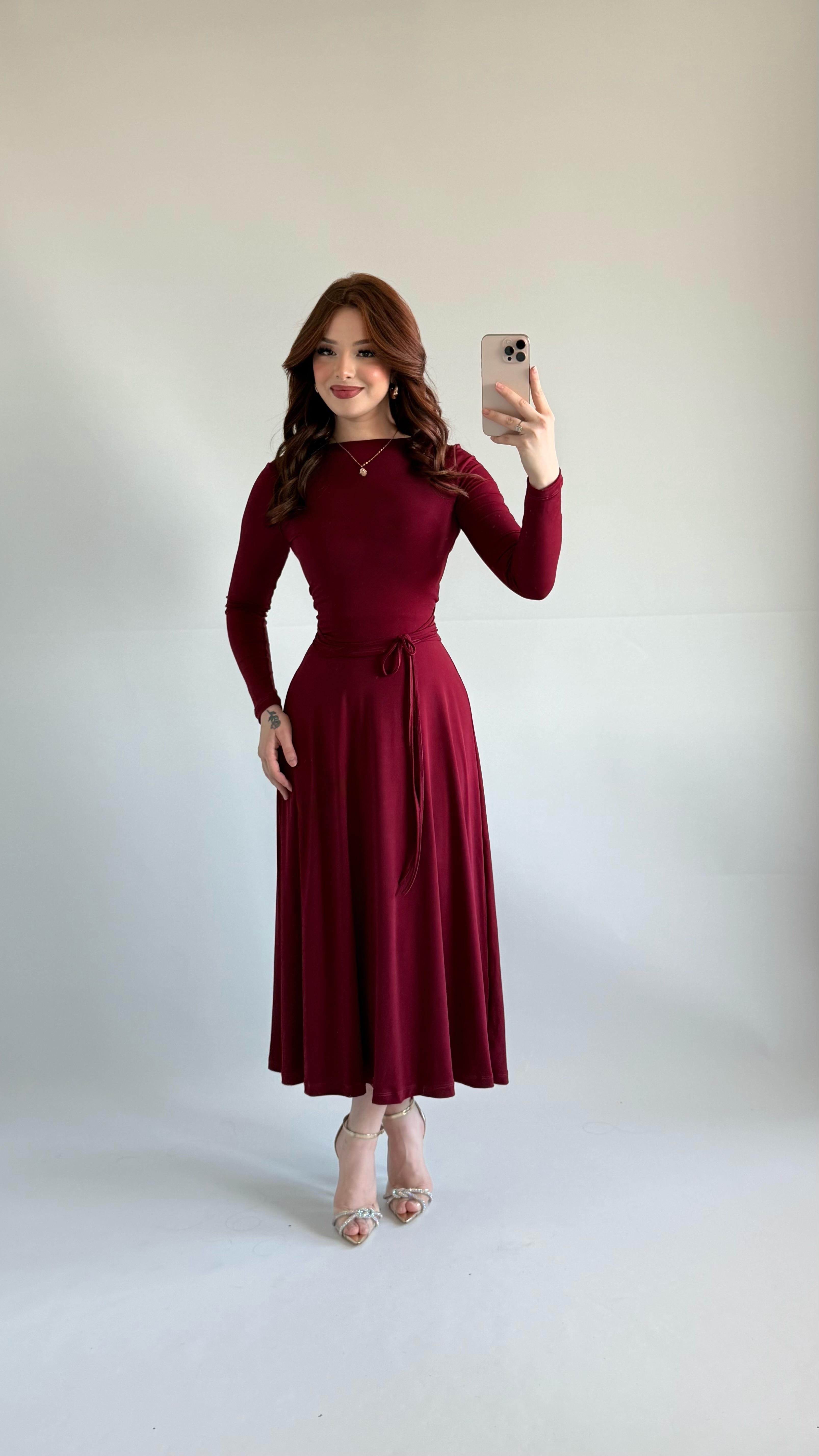 Özel Üretim Belden Bağlama Elbise Hırka Elbise Bordo