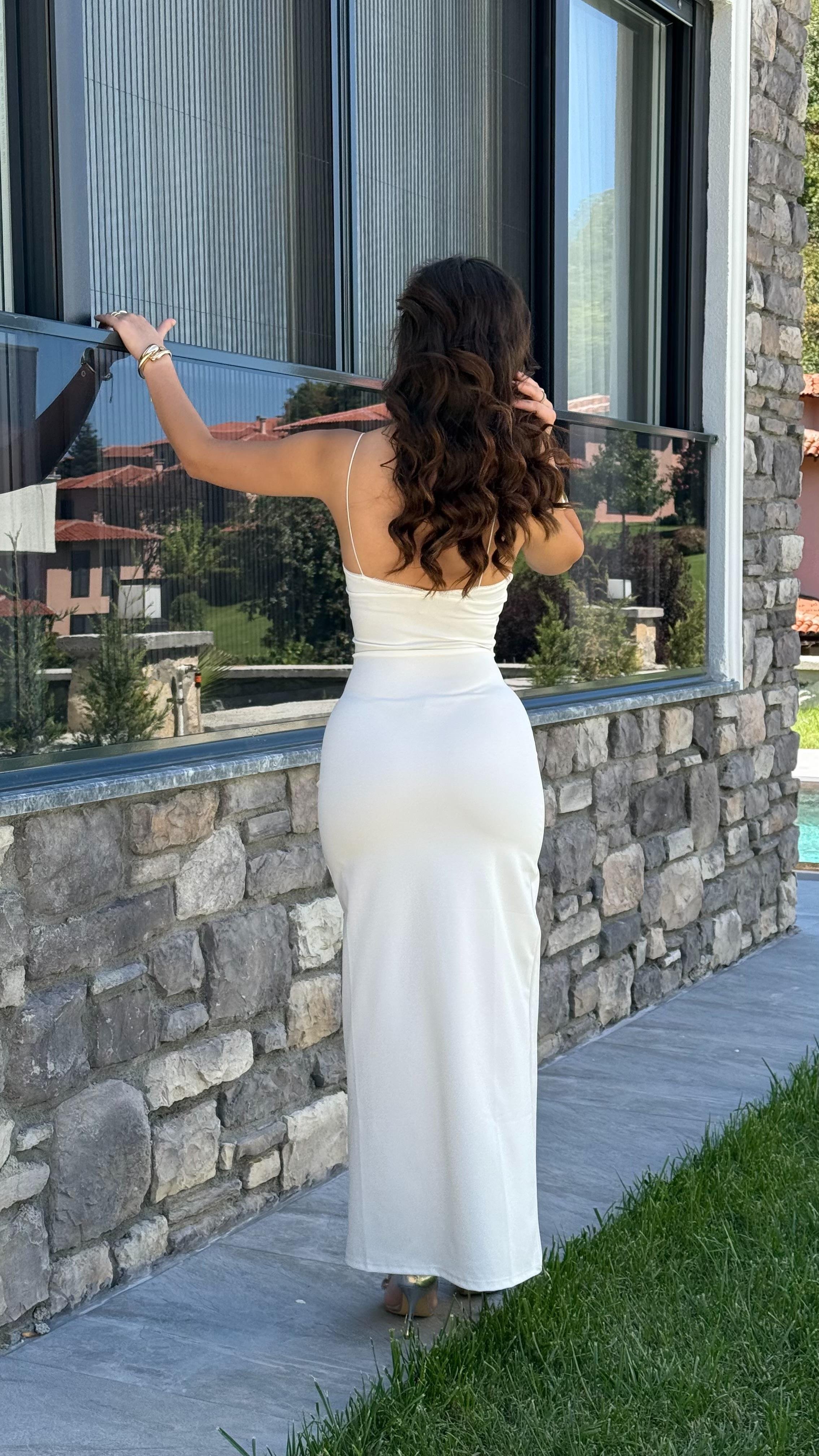Pantone Askılı Elbise Beyaz