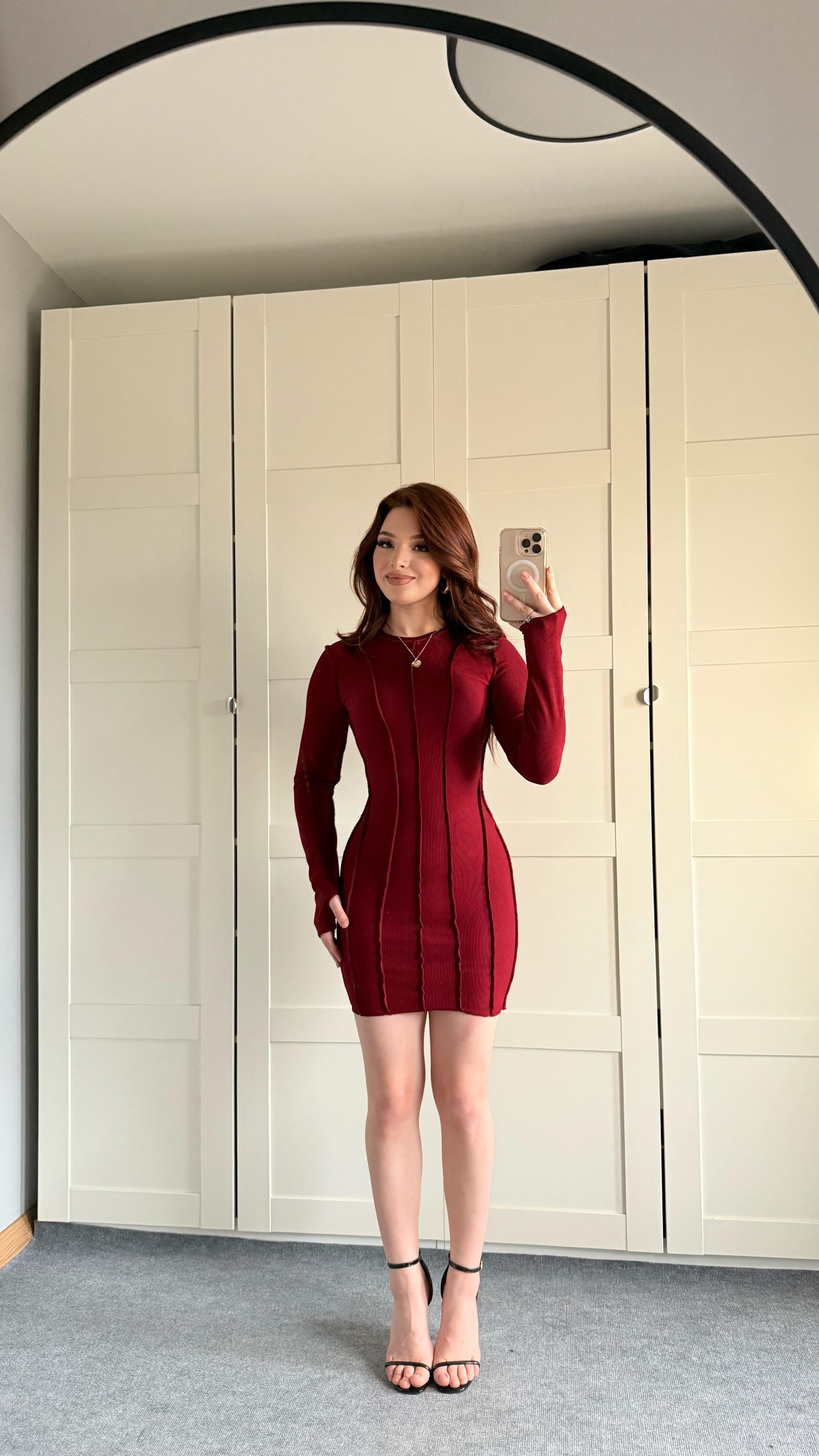 Parmak geçirmeli Fitilli Mini Elbise Bordo