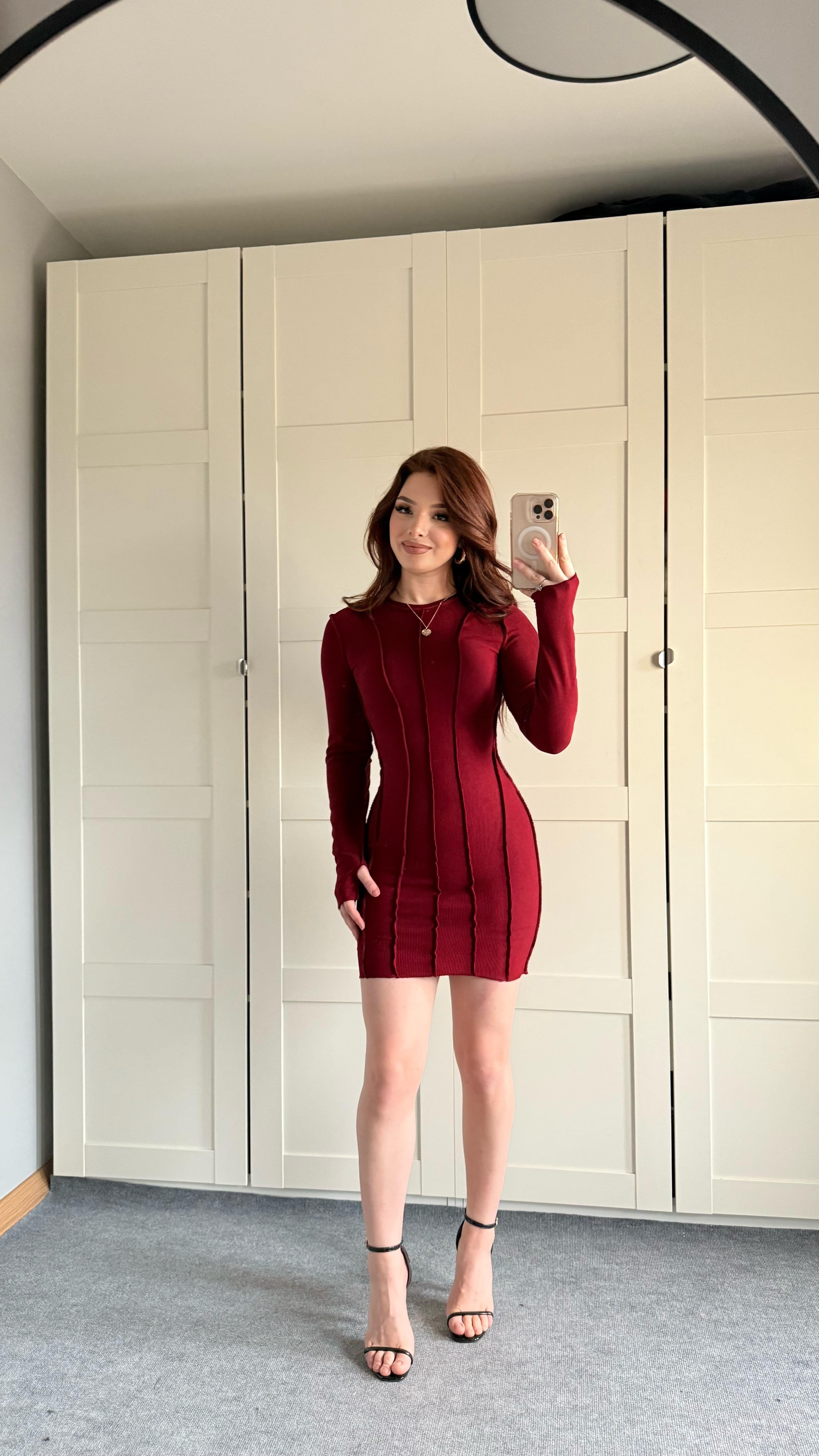 Parmak geçirmeli Fitilli Mini Elbise Bordo