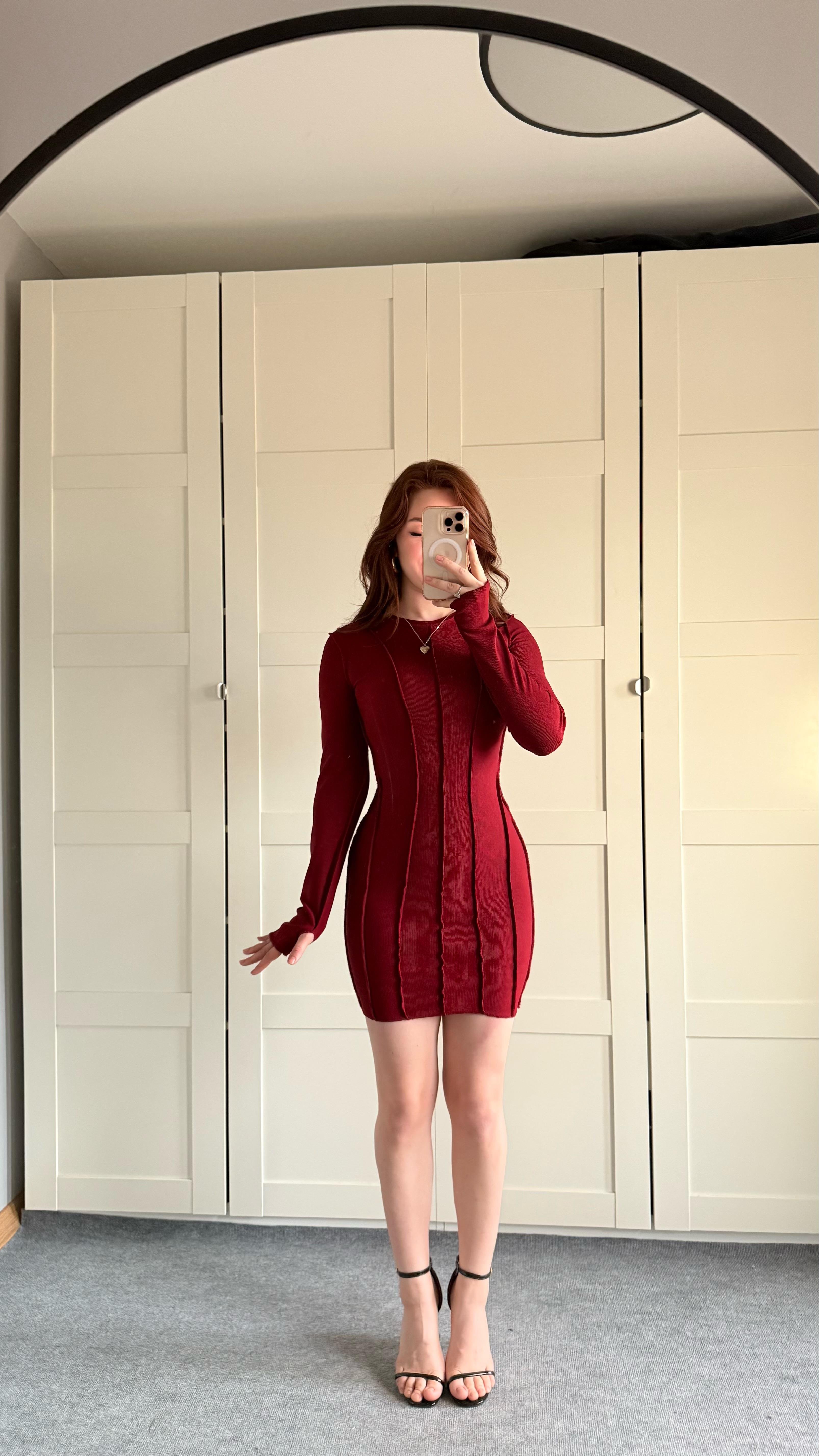 Parmak geçirmeli Fitilli Mini Elbise Bordo