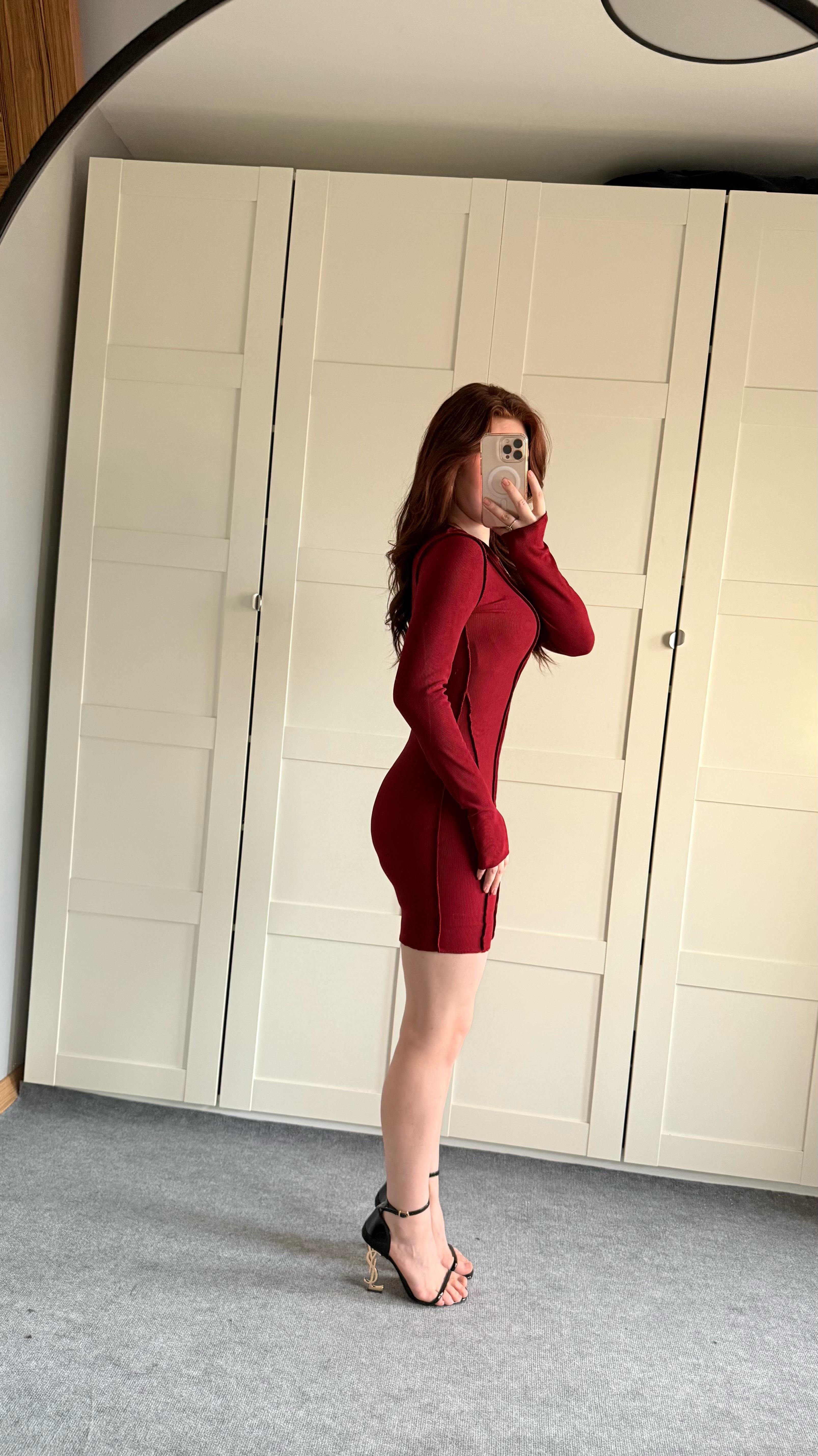 Parmak geçirmeli Fitilli Mini Elbise Bordo