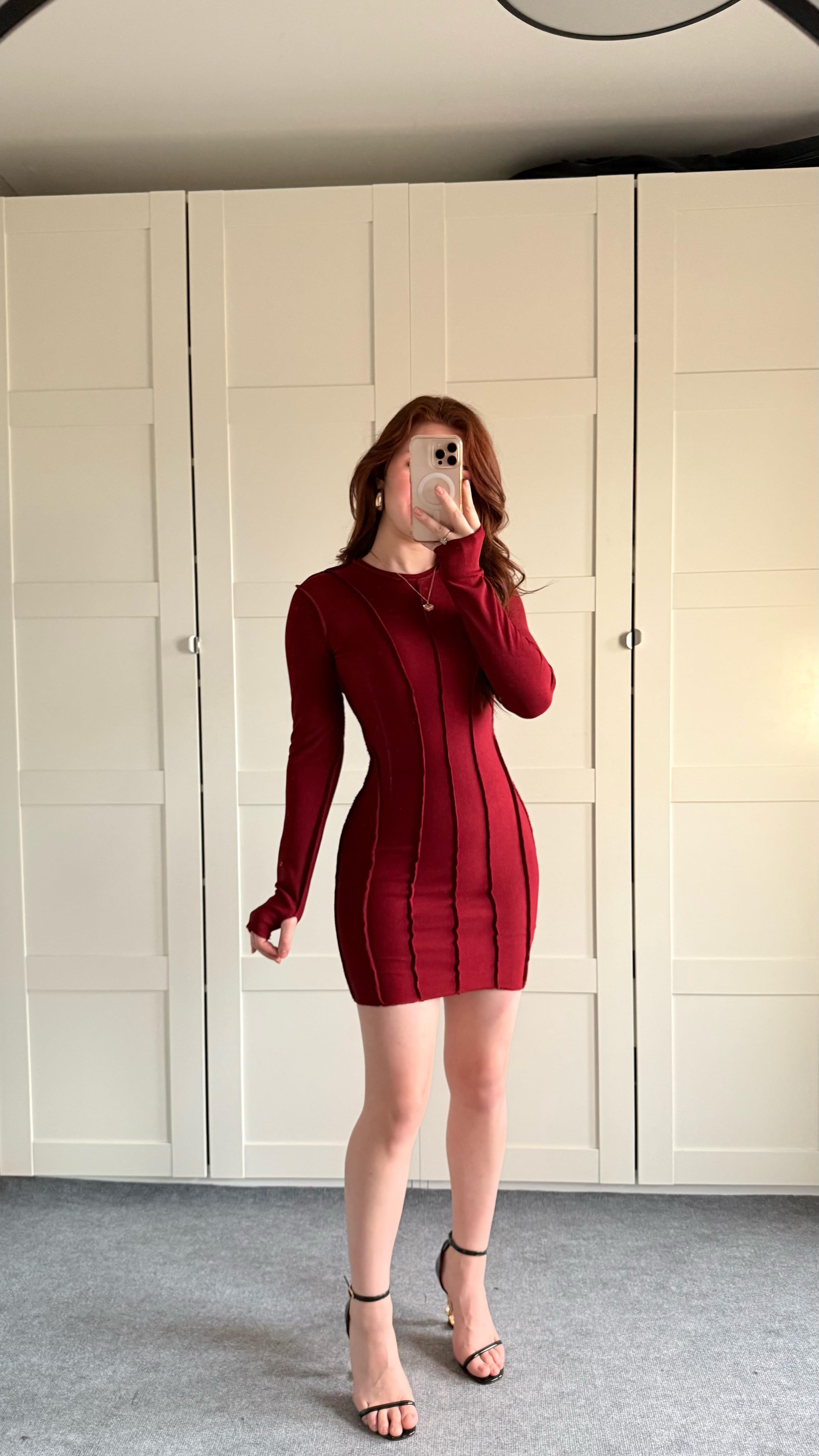 Parmak geçirmeli Fitilli Mini Elbise Bordo