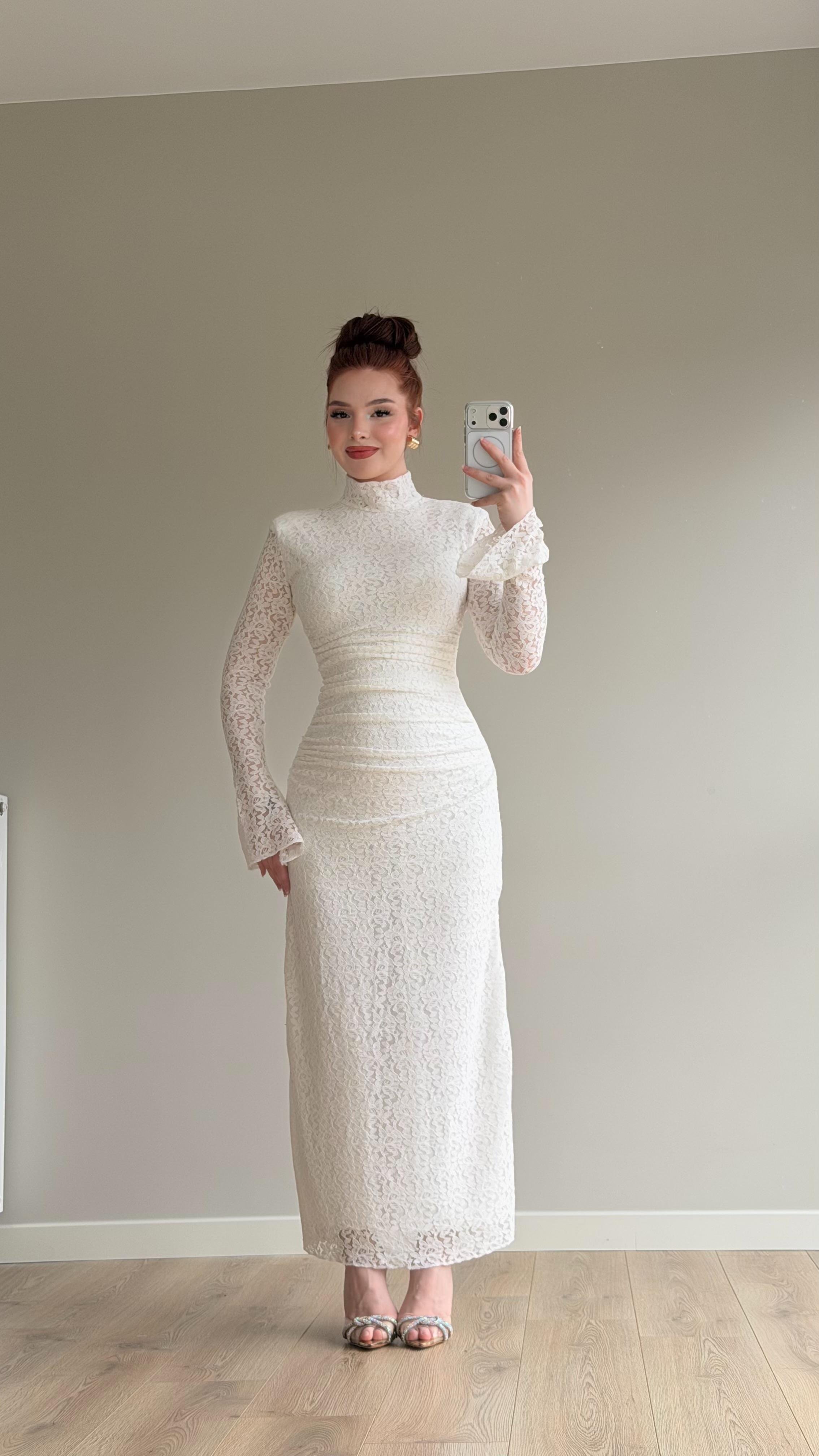 Peach Dantel Basıc Elbise Beyaz
