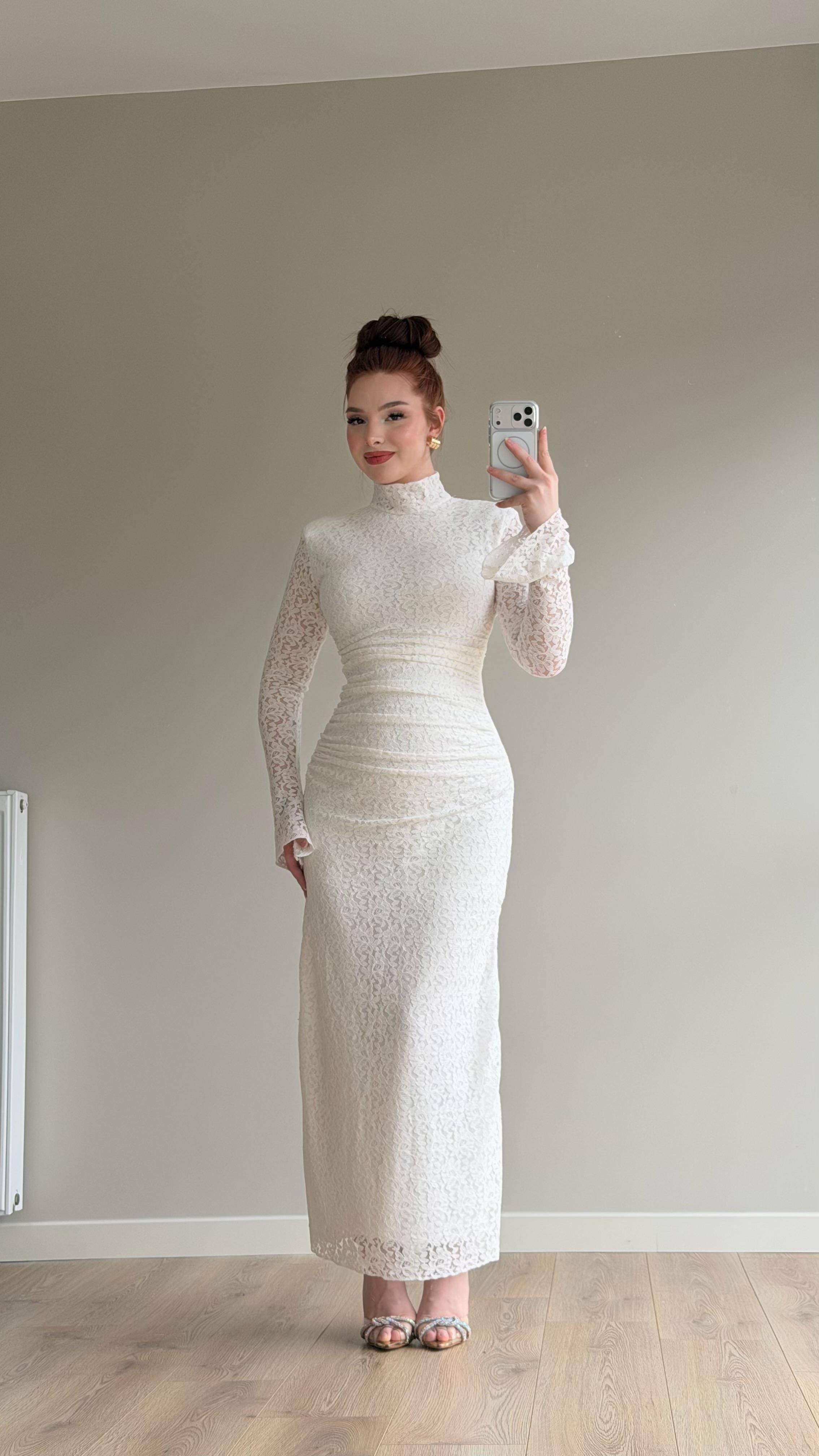 Peach Dantel Basıc Elbise Beyaz