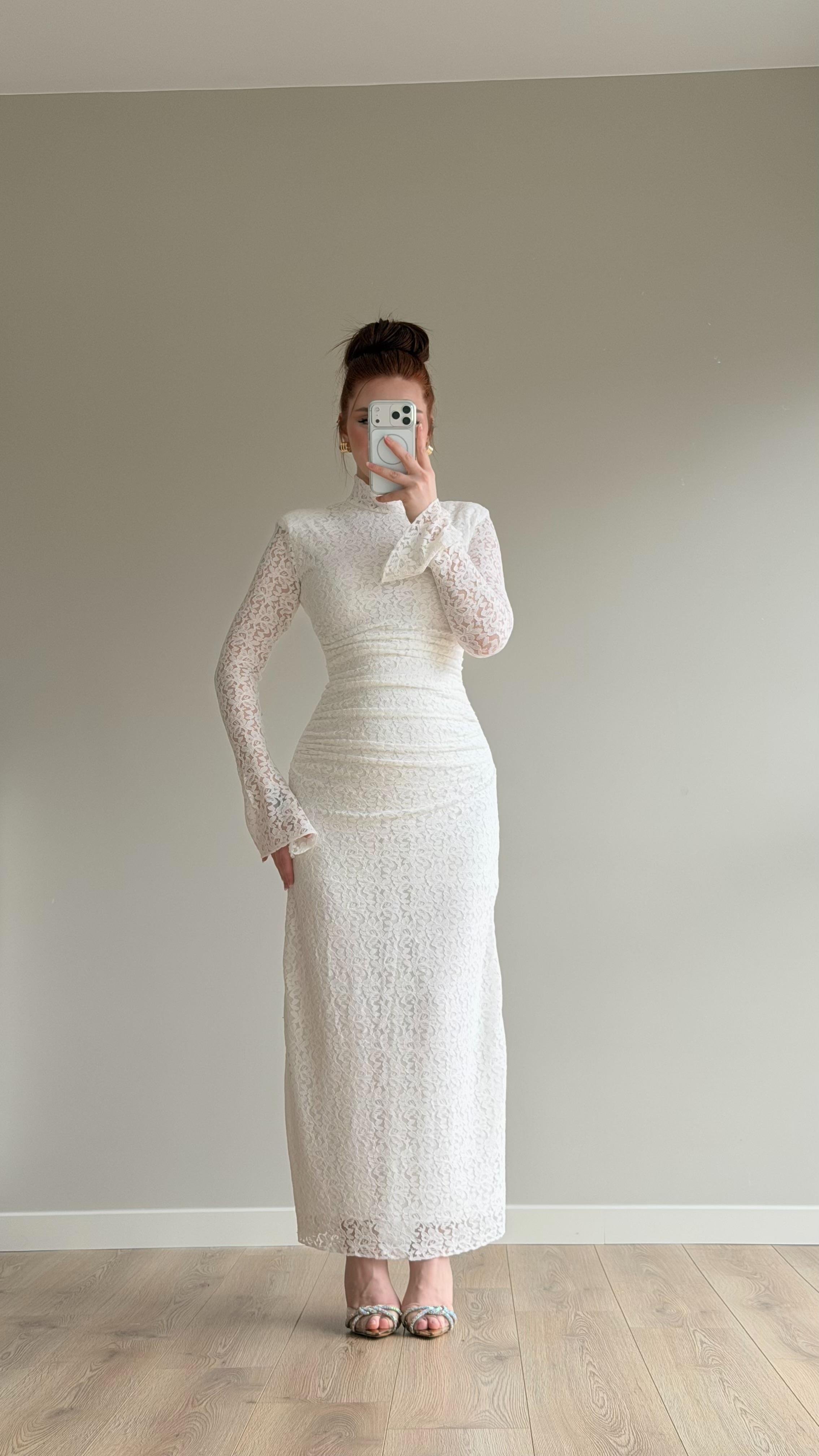Peach Dantel Basıc Elbise Beyaz