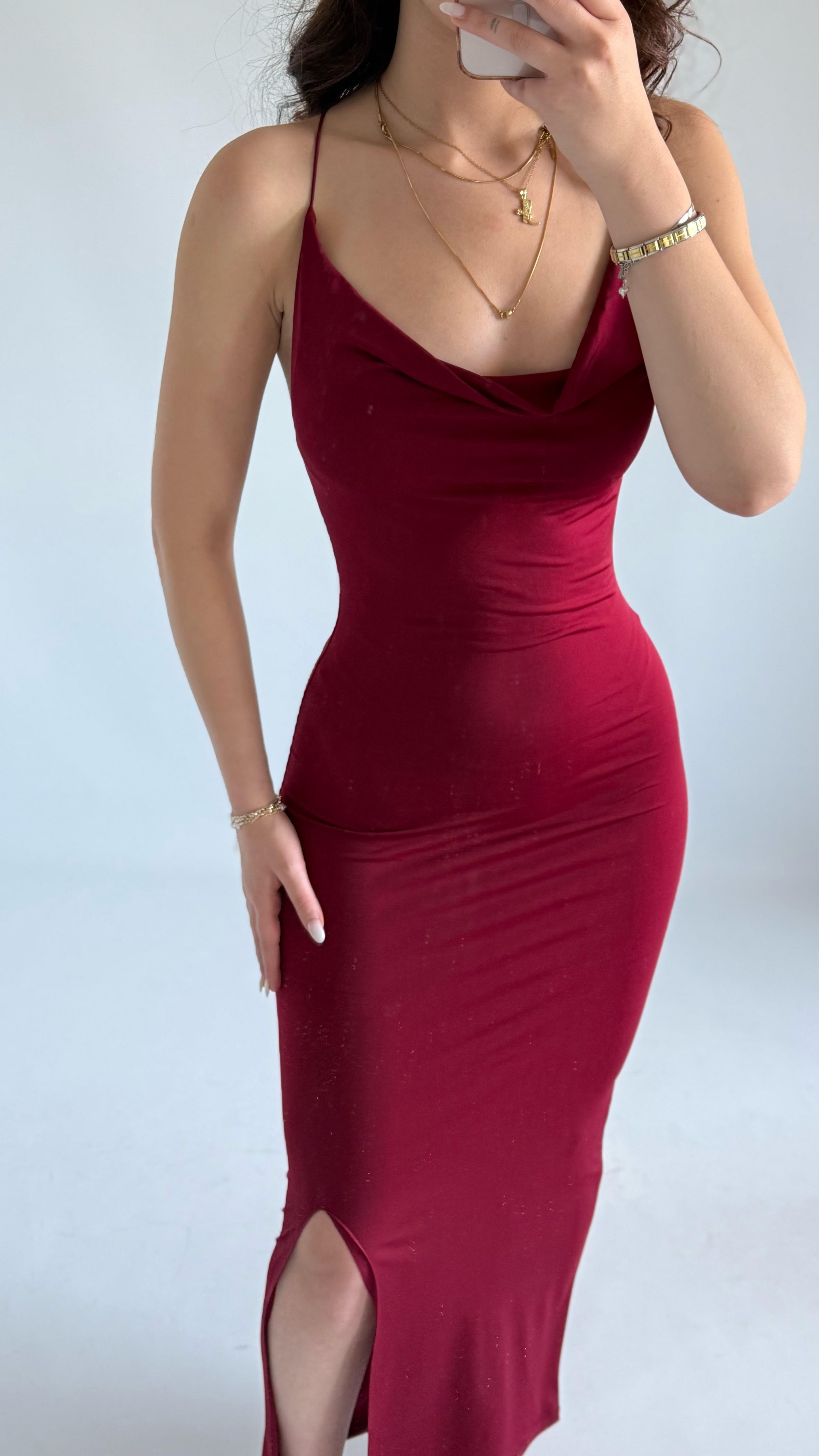 Perla Degaje İp Askılı Elbise Bordo 