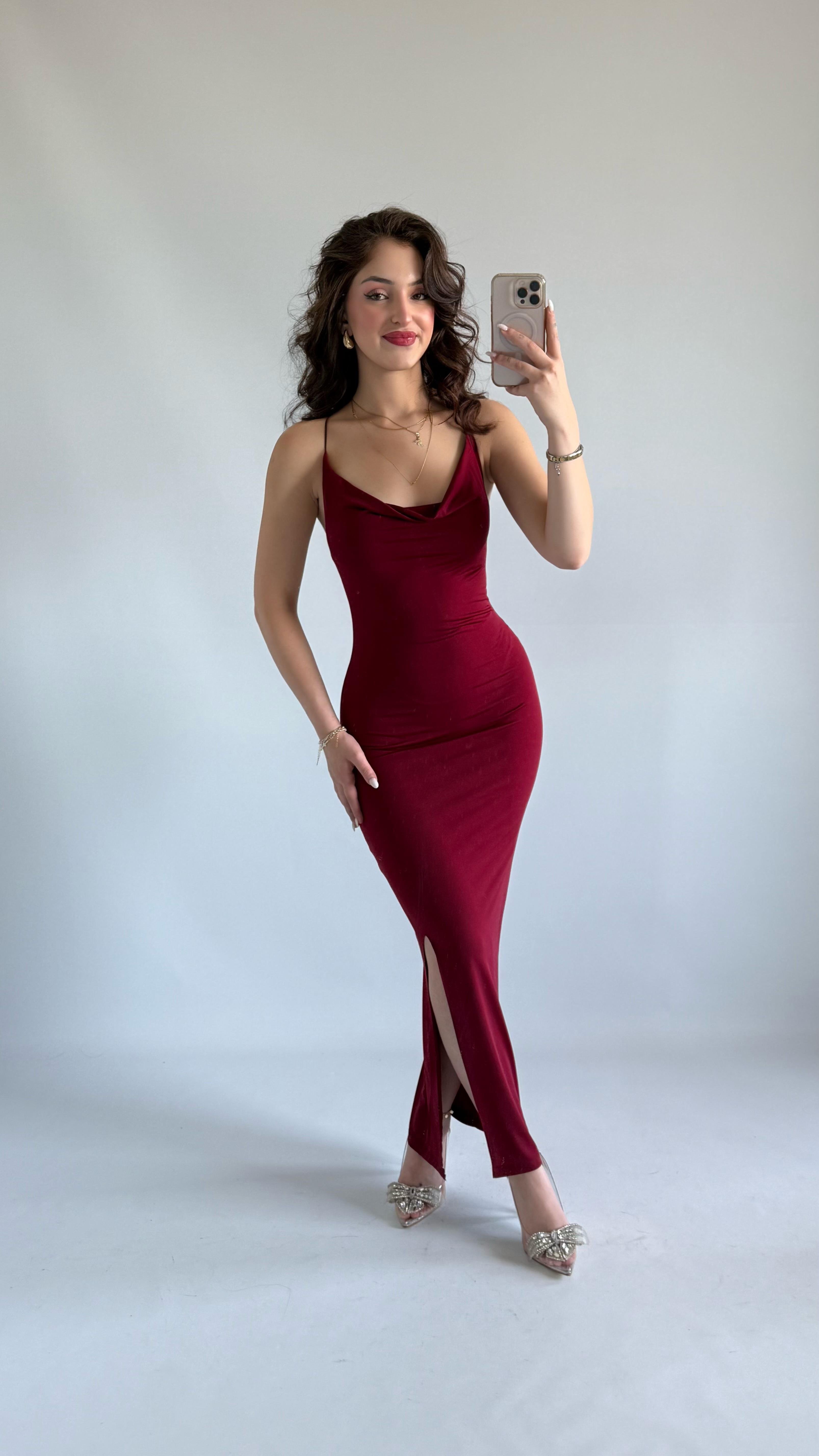 Perla Degaje İp Askılı Elbise Bordo 