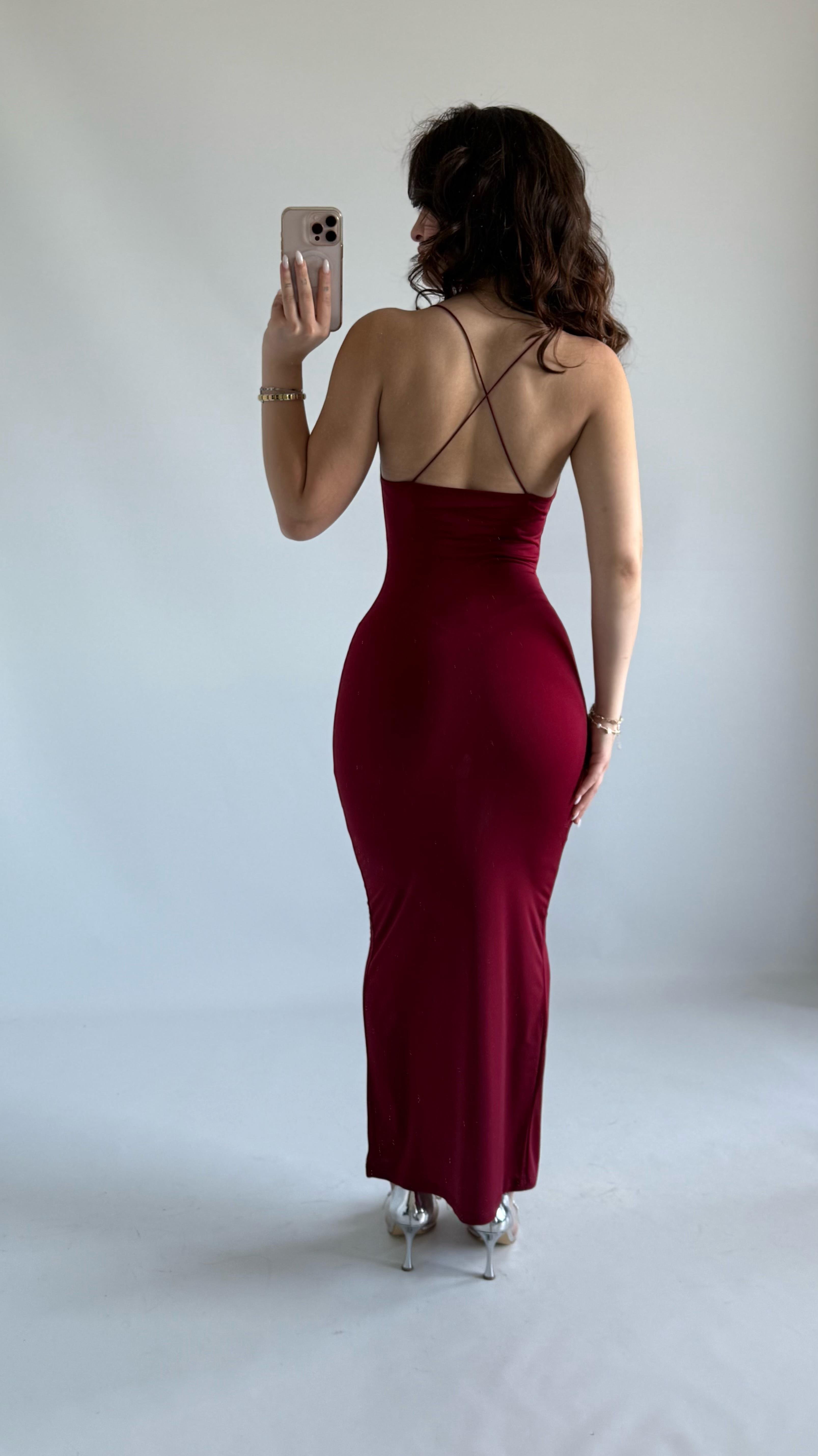 Perla Degaje İp Askılı Elbise Bordo 