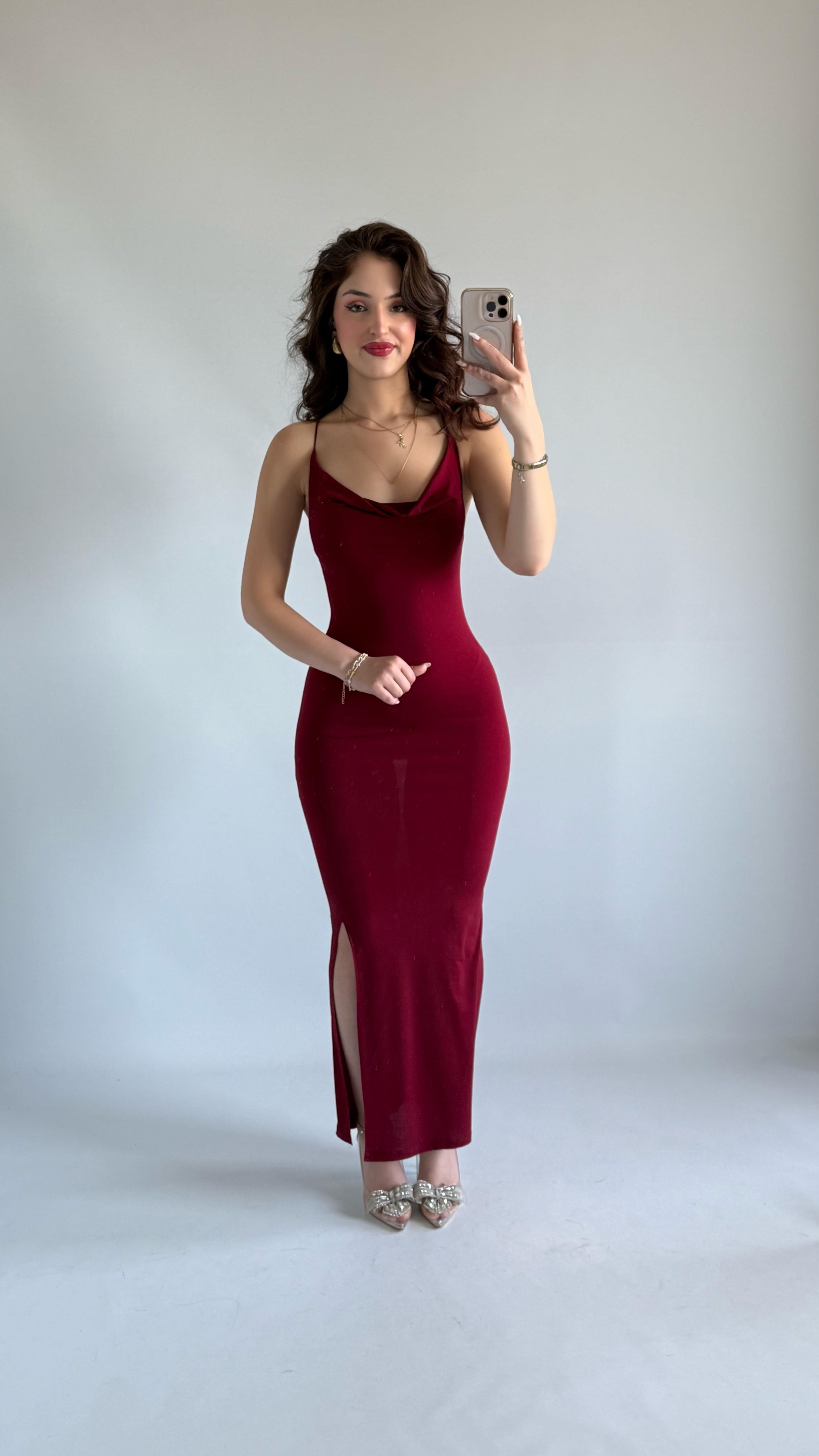 Perla Degaje İp Askılı Elbise Bordo 