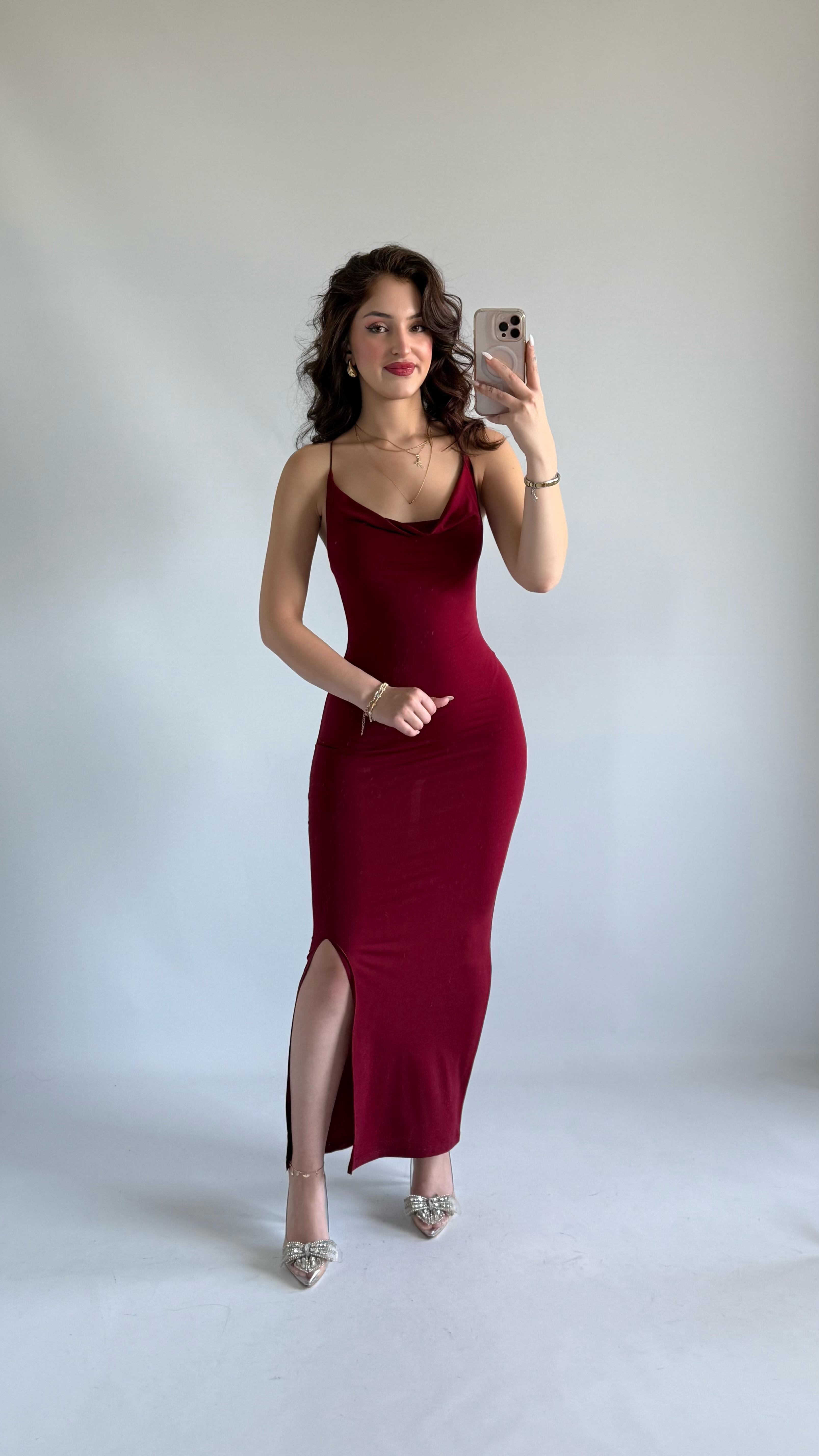 Perla Degaje İp Askılı Elbise Bordo 