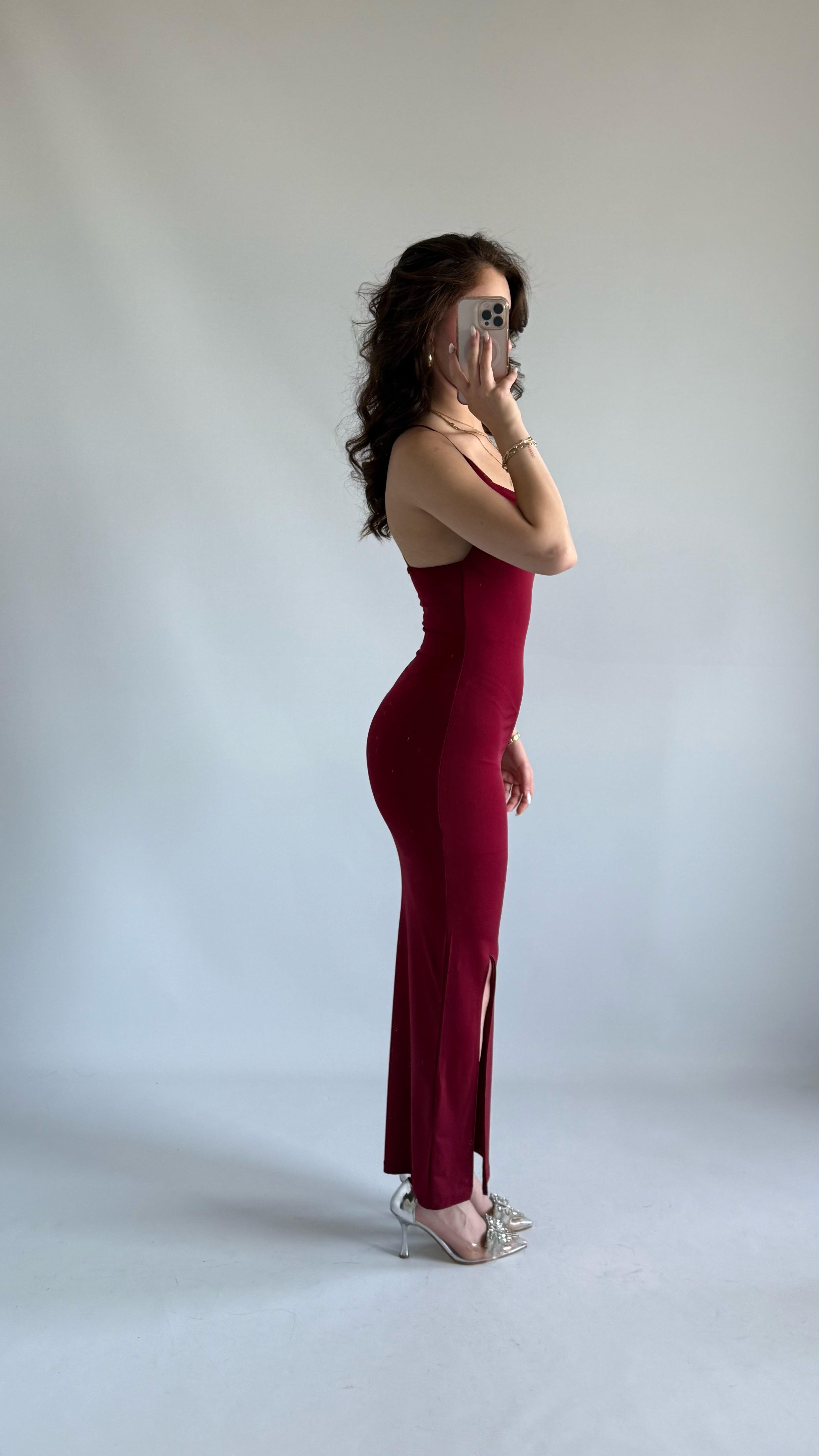 Perla Degaje İp Askılı Elbise Bordo 
