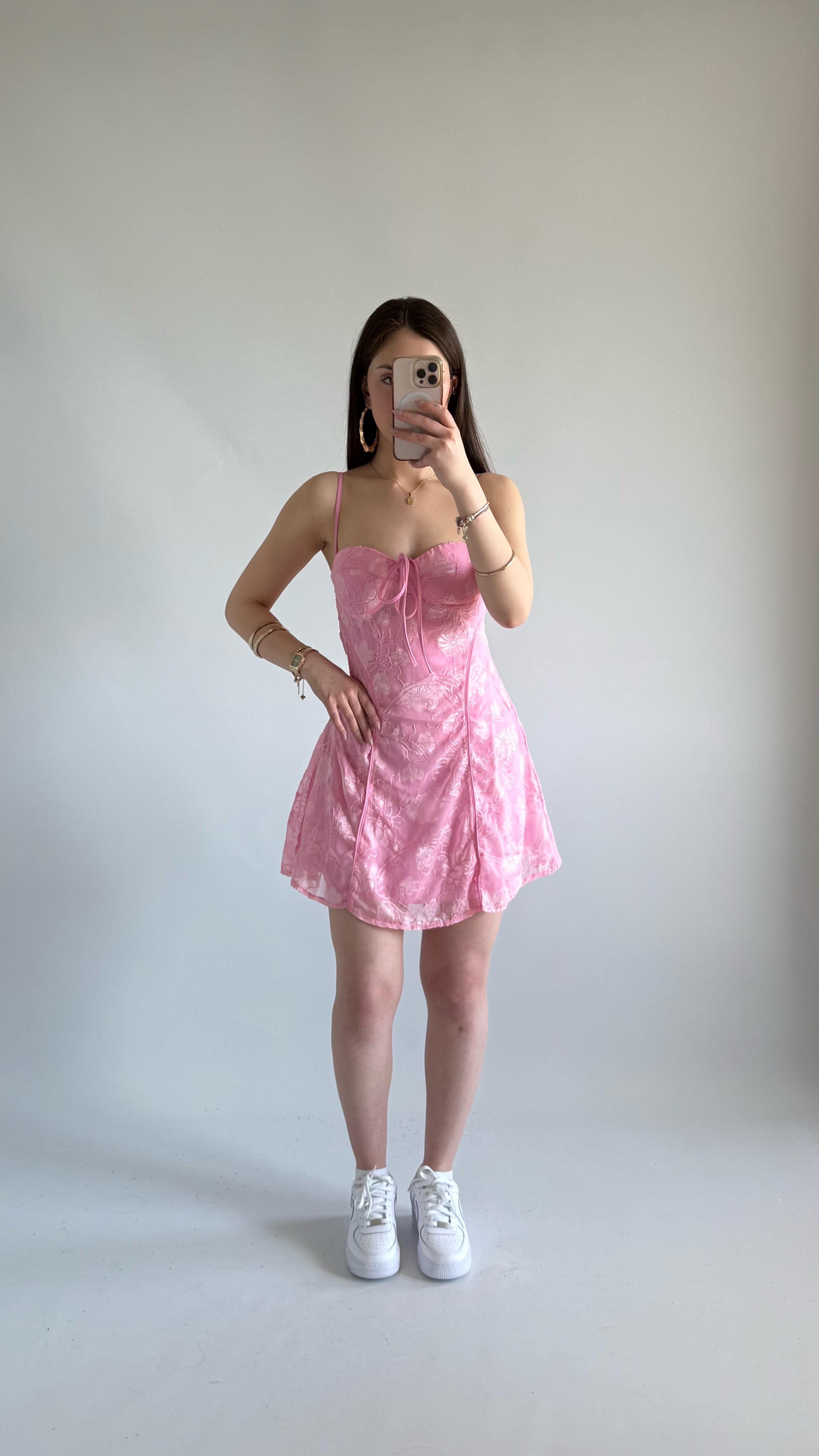 Pery Mini Dantel Elbise Pembe