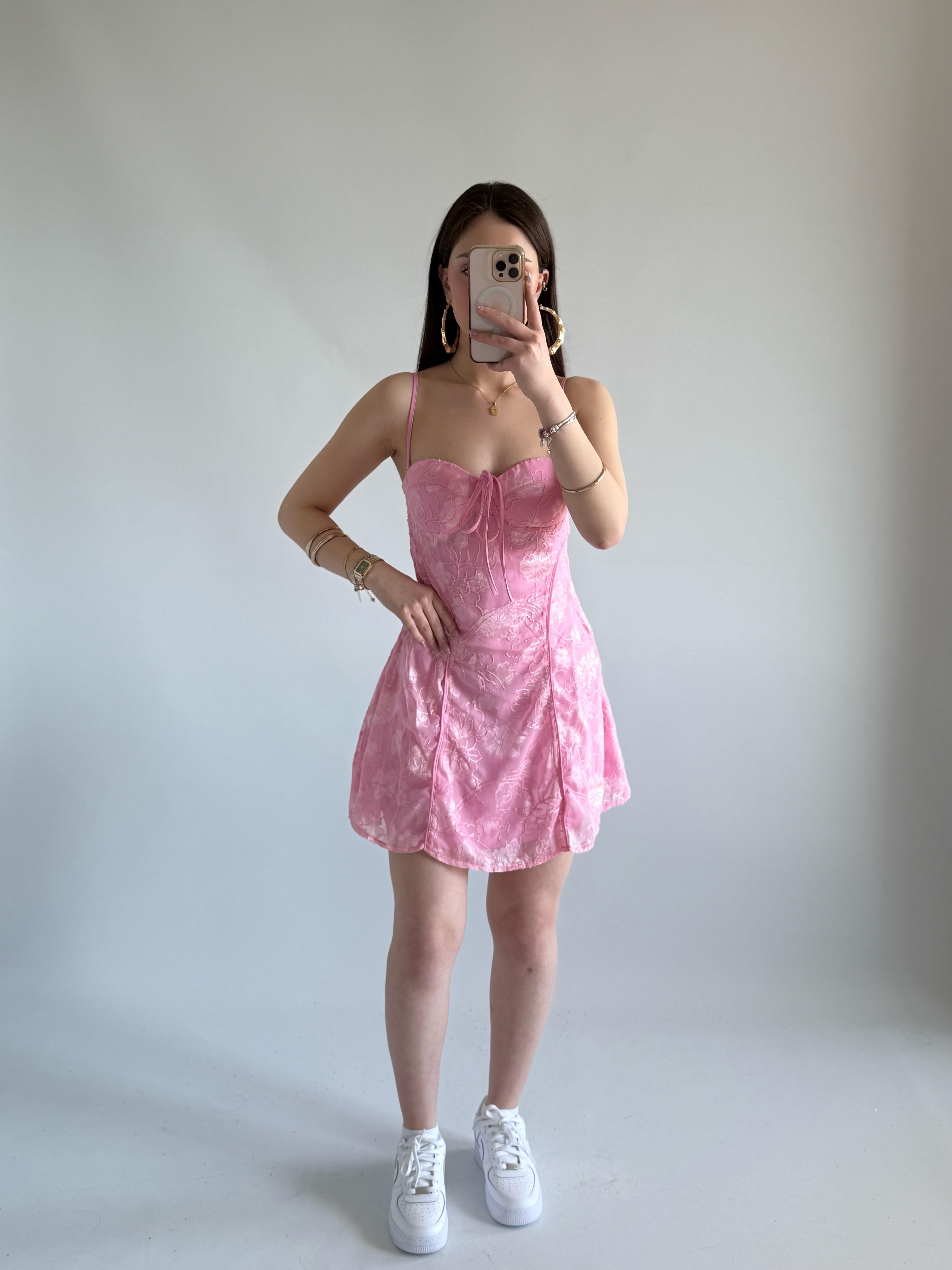 Pery Mini Dantel Elbise Pembe